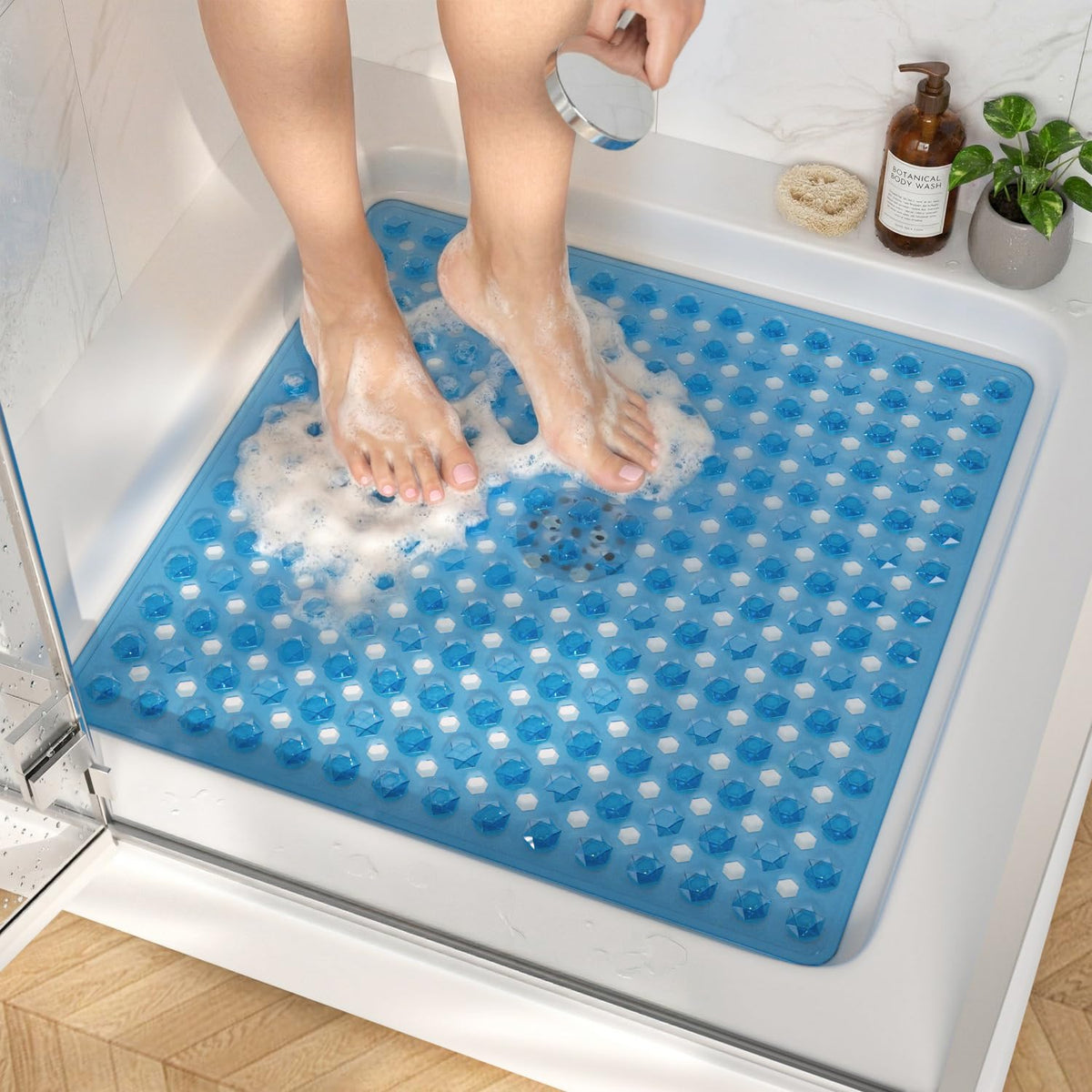 HITSLAM Shower Mat Anti Slip, Square Bath Mat for Tub Non Slip with Suction Cups and Drain Holes, 21x21 Inch Bathroom Shower Stall Floor Mat, Machine Washable, Soft on Feet, Clear