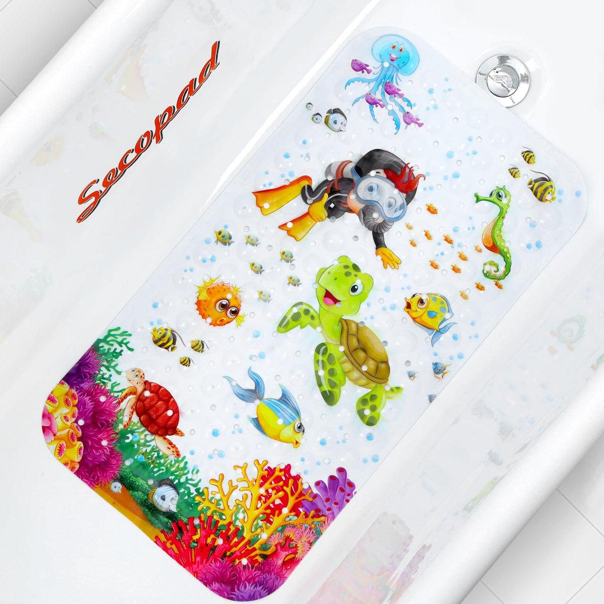 Secopad Bathtub Mat Non Slip, Cartoon Bath Tub Mat, 40" x 16", Turtle | Rectangular, Anti-Slip, Machine Washable, with Drain Holes and Suction Cups,For Bathtub and Shower Floor, for Toddler & Kids