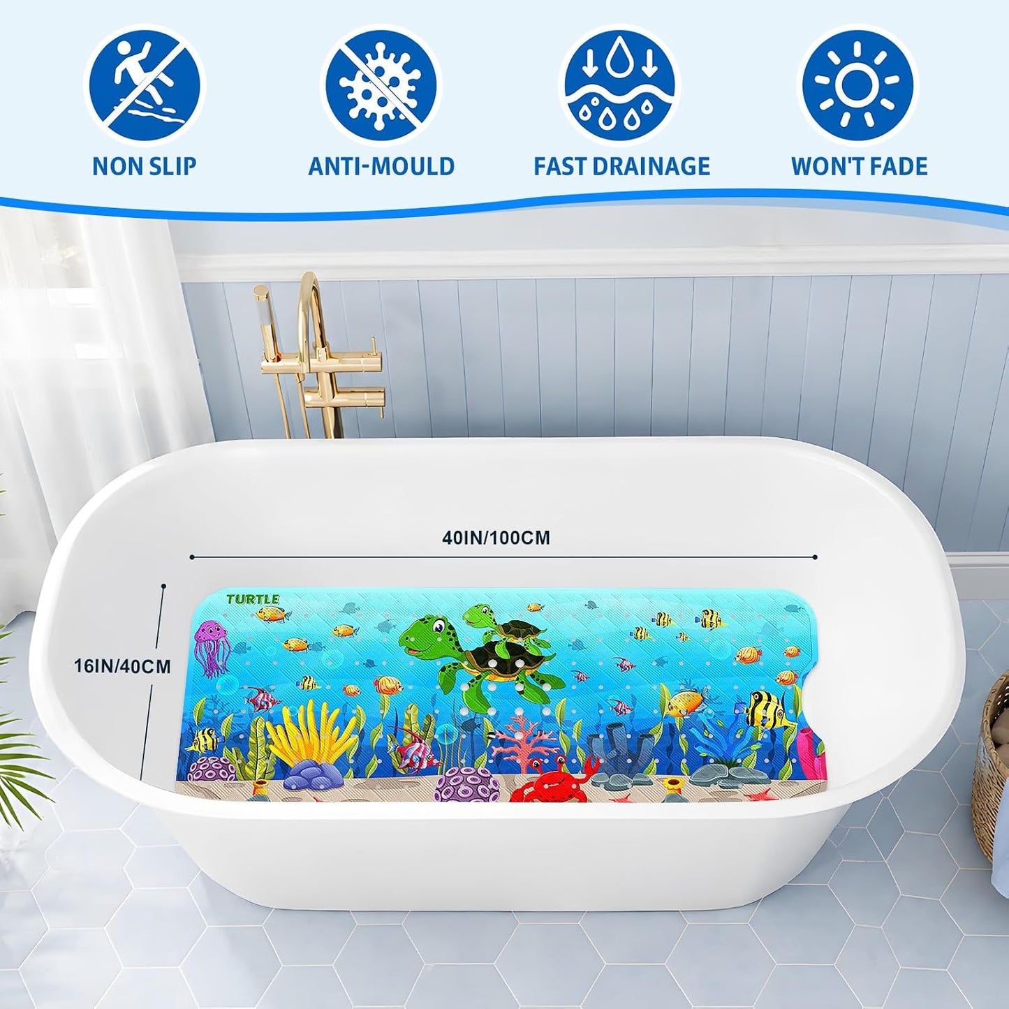 XIYUNTE Bath Mat for Tub Non Slip Bathtub Mat Non Slip 40x16 Baby Bath Mat | 100% BPA Free, Non Toxic, Mildew Resistant, Machine Washable, Extra Long Kids Bath Mat for Tub Non Slip, Toddler Bath Mat