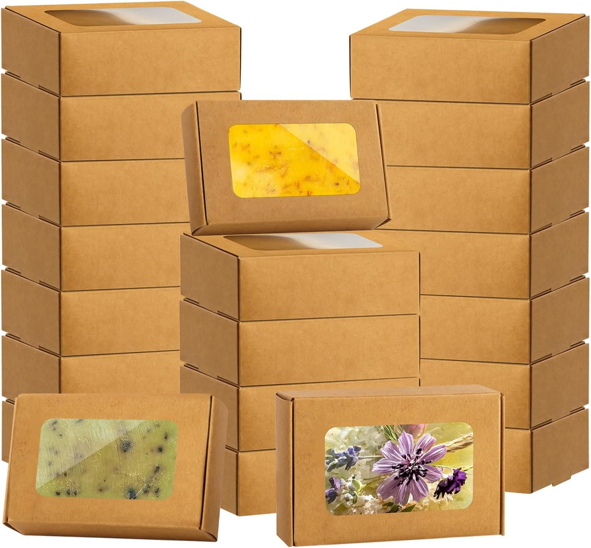 RYKOMO 40 PCS Soap Boxes for Homemade 3.55 x 2.4 x 1.2 Inch Small Soap Paper Box Mini Kraft Treat Box with Window for Homemade Soap Packaging Boxes Supplies