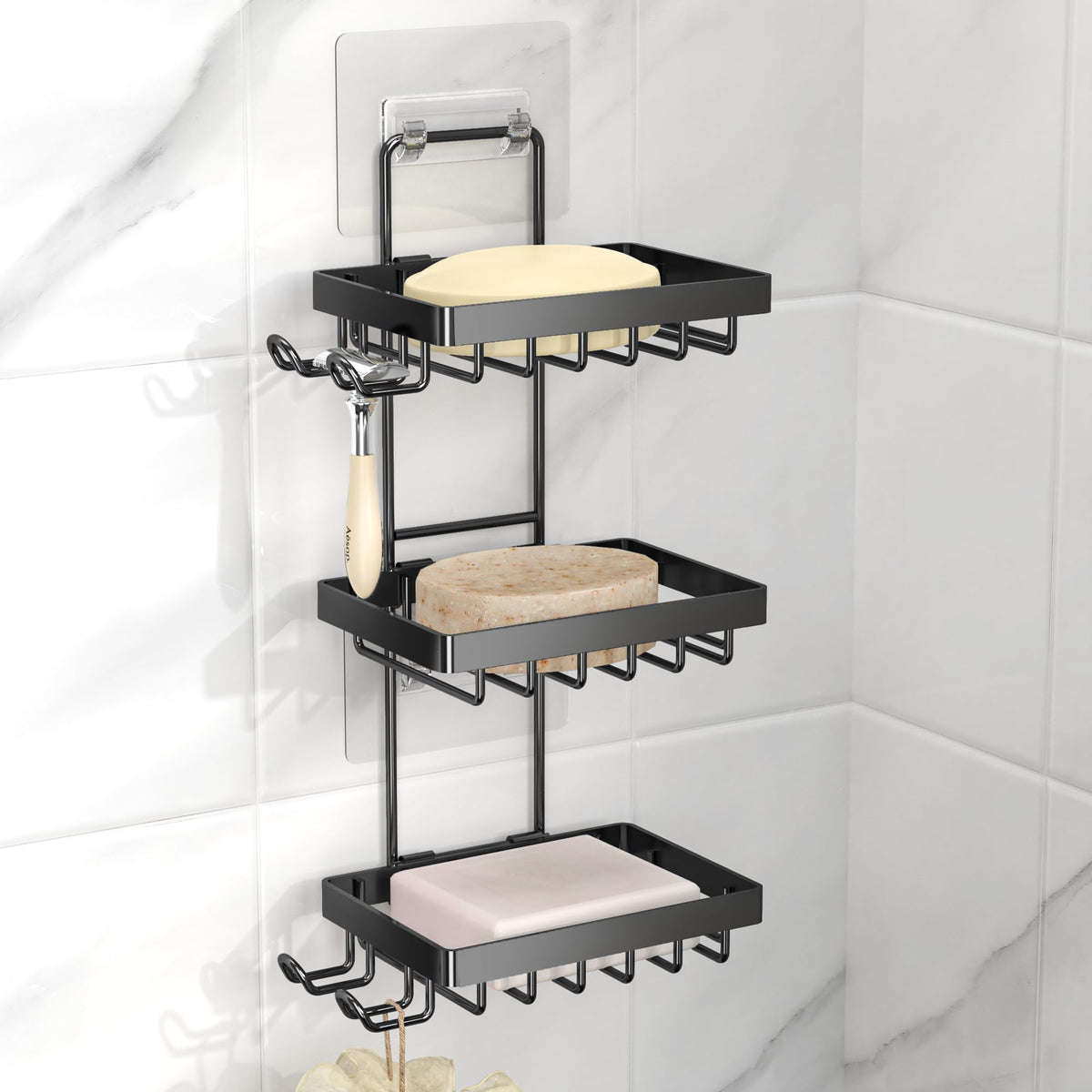 Moforoco Double Soap Bar Holder for Shower, No Drilling, 304 Stainless Steel, Wall Mounted Soap Holder with 4 Hooks and Razor Holder, Shower Rack Soap Tray Bar Soap for Bathroom Accessories Organizer