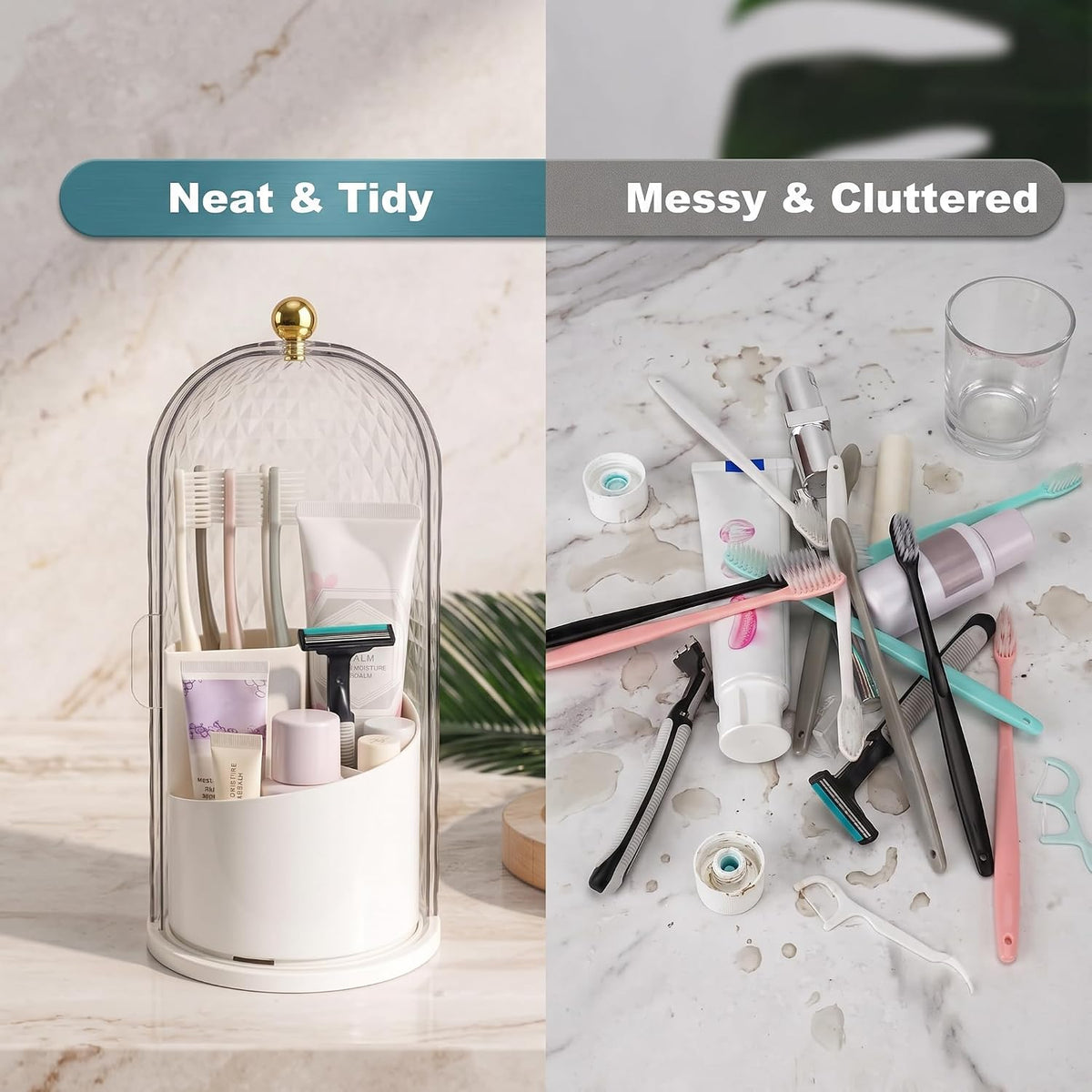 QIYVLOS Toothbrush Holders with Sliding Lid, Rotating 3 Slots Bathroom Organizer Countertop, Tooth Brush Toothpaste Holder Bathroom Counter Stand Caddy for Vanity Makeup Brushes Holder (White)