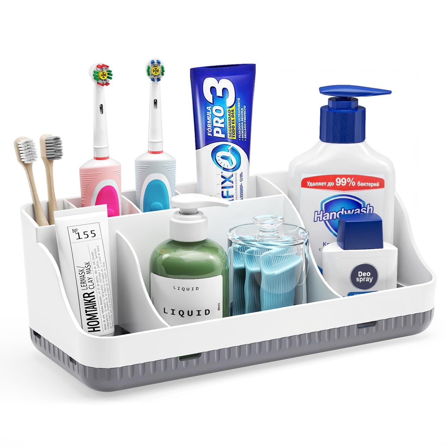 Bathroom Counter Organizer and Storage with 2 Pack Qtip Holder Dispenser, 7 Slots Detachable Toothbrush Holders for Bathrooms, Anti-Slip Electric Toothbrush and Toothpaste Holder Countertop