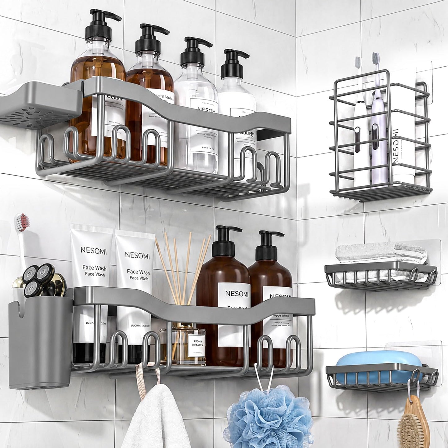 NESOMI 7-Pack Shower Caddy Adhesive,Stainless Steel Shower Organizer Shelf | Rustproof, with Soap Dish Toothbrush Holder, Large Capacity, No-Drill Rack Bathroom Storage Accessories, 24 Hooks, Home Decor