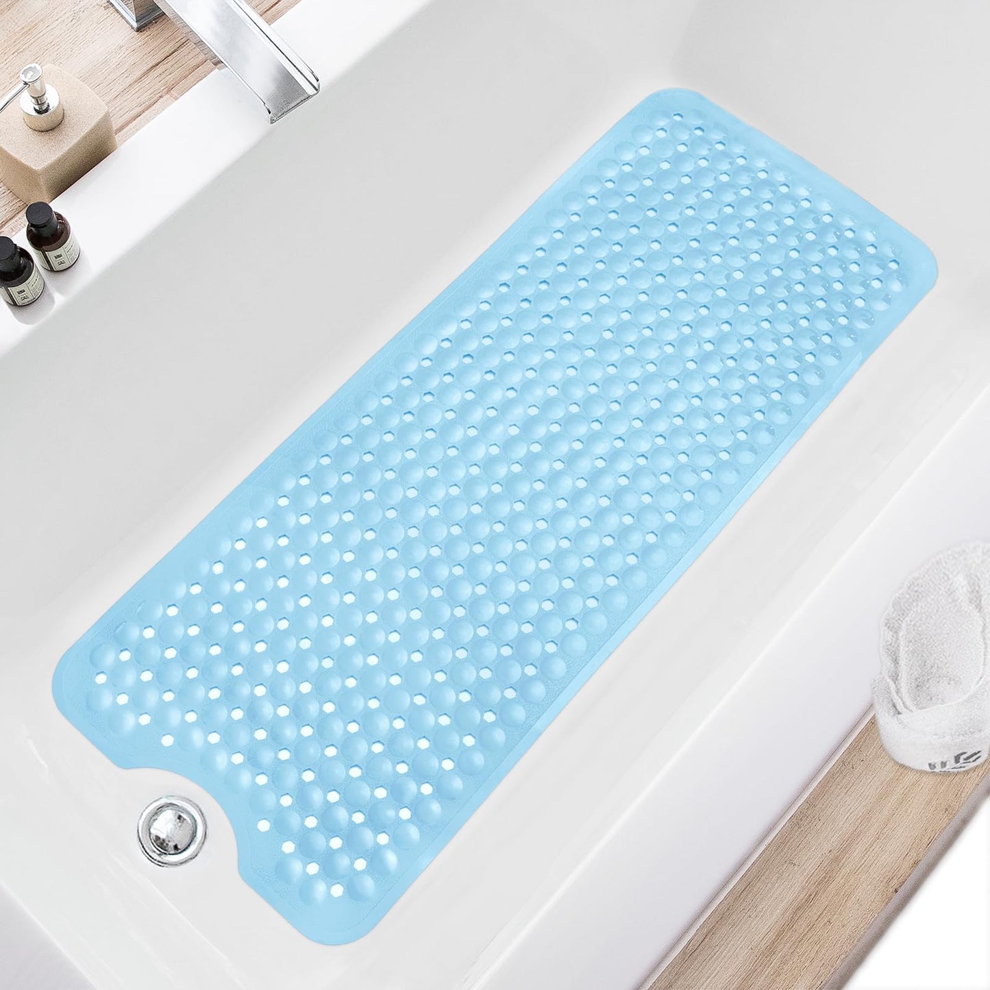 TEESHLY Bath Tub and Shower Mats, Non Slip 40 x 16 Inch Extra Large Bathtub Mat, Machine Washable Bathmat with Drain Holes, Suction Cups for Bathroom Floor, Gray