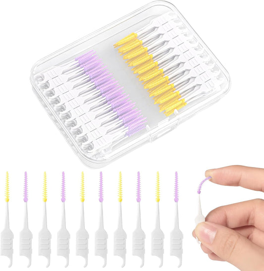 250 Interdental Brushes, Silicone Floss Picks With Case, Yellow/Purple | Soft Flexible Silicone Tips, Dual-Ended Design, Portable Storage Case, For Tight Gaps And Daily Teeth Cleaning