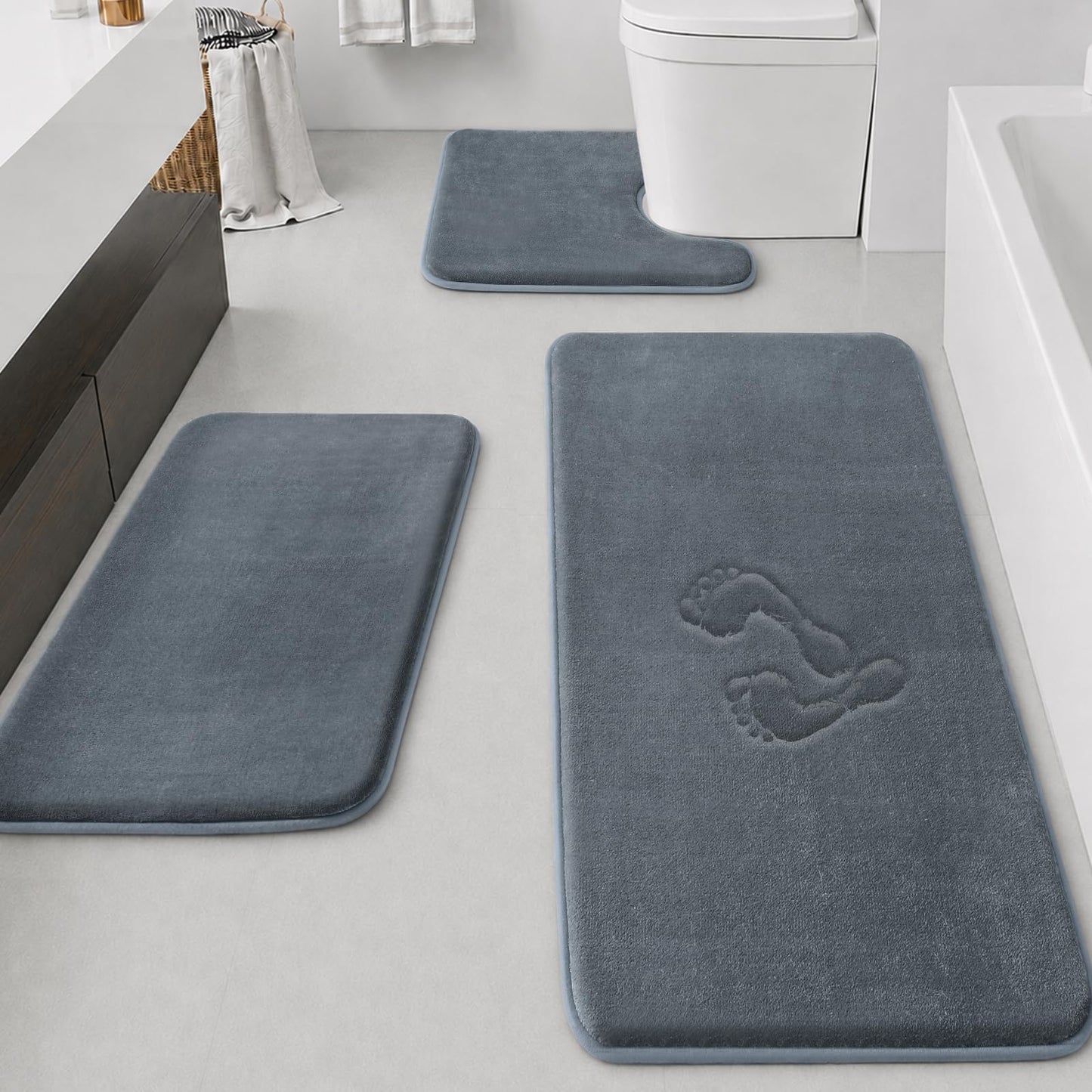 HUXMEYSON Bathroom Rugs Sets 3 Piece, Non-Slip & Quick Dry Bath Mat Set, Ultra Soft Velvet Bath Rugs for Bathroom, Toilet and Shower Floor, Grey