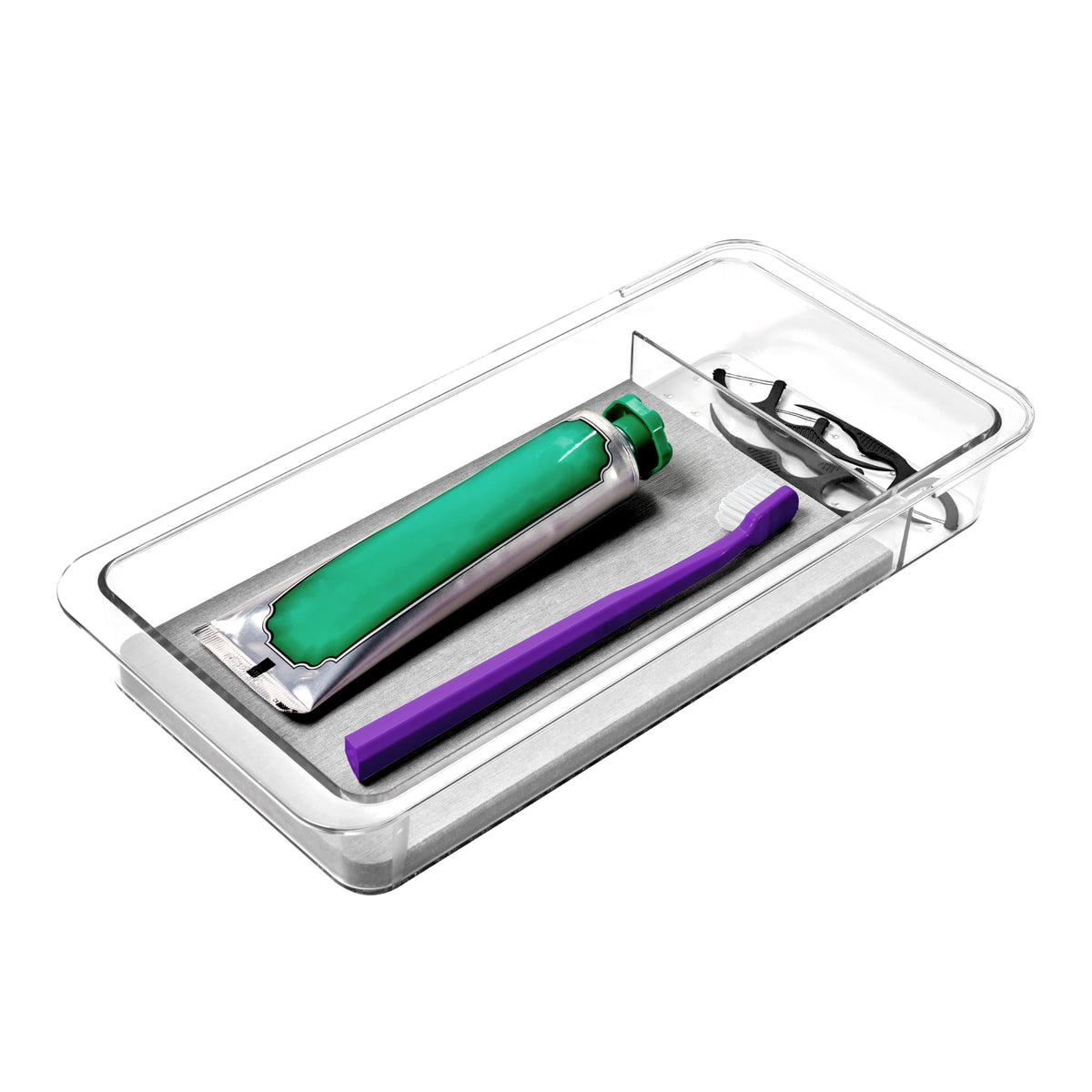 madesmart Drying Stone Drawer Organizer, Clear | diatomite, fast drying surface, divided layout, toothpaste floss, dental items, bathroom counter, woman owned