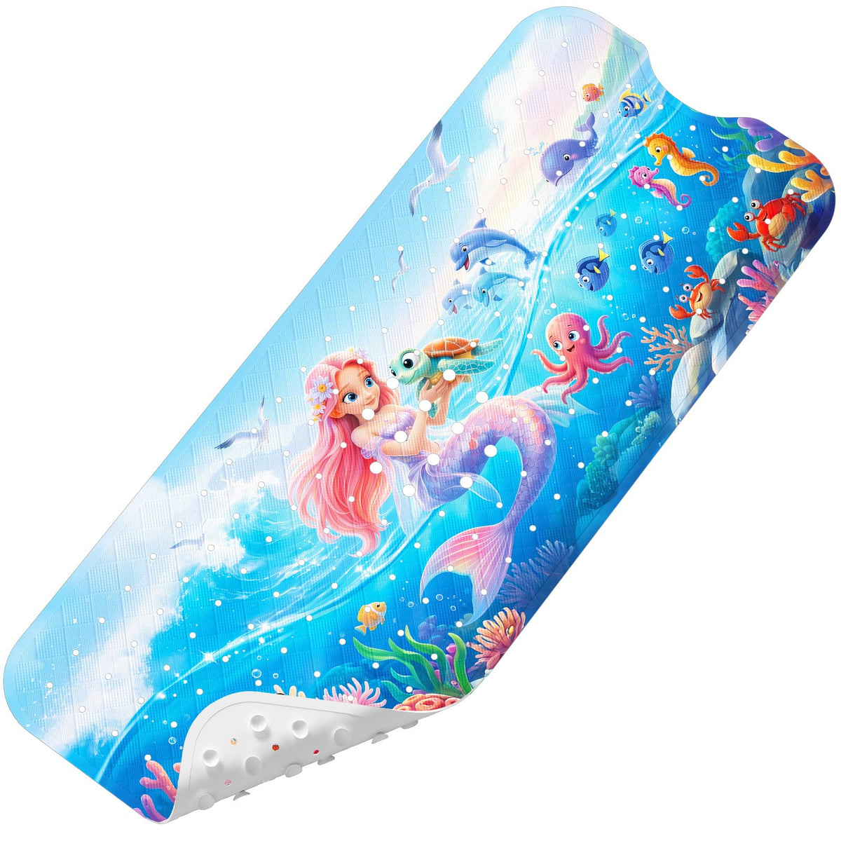 Baby Bath Mat for Tub Non Slip Kids, BPA Free Extra Long Bathtub Mat 40x16 with Drain Holes and 200 Suction Cups, Non Toxic Machine Washable Toddler Bath Mat, No Fading, Sea