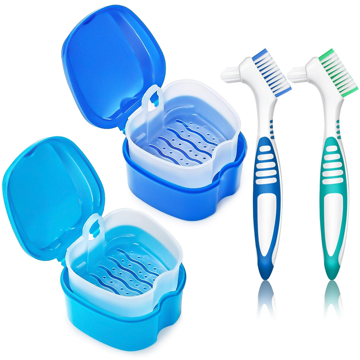 2 Pack Colors Denture Bath Case Cup Retainer Cleaner Holder Case False Teeth Soaking Container Dental Bath Storage Box Case with Strainer Basket and Brush - Rose Red & Black