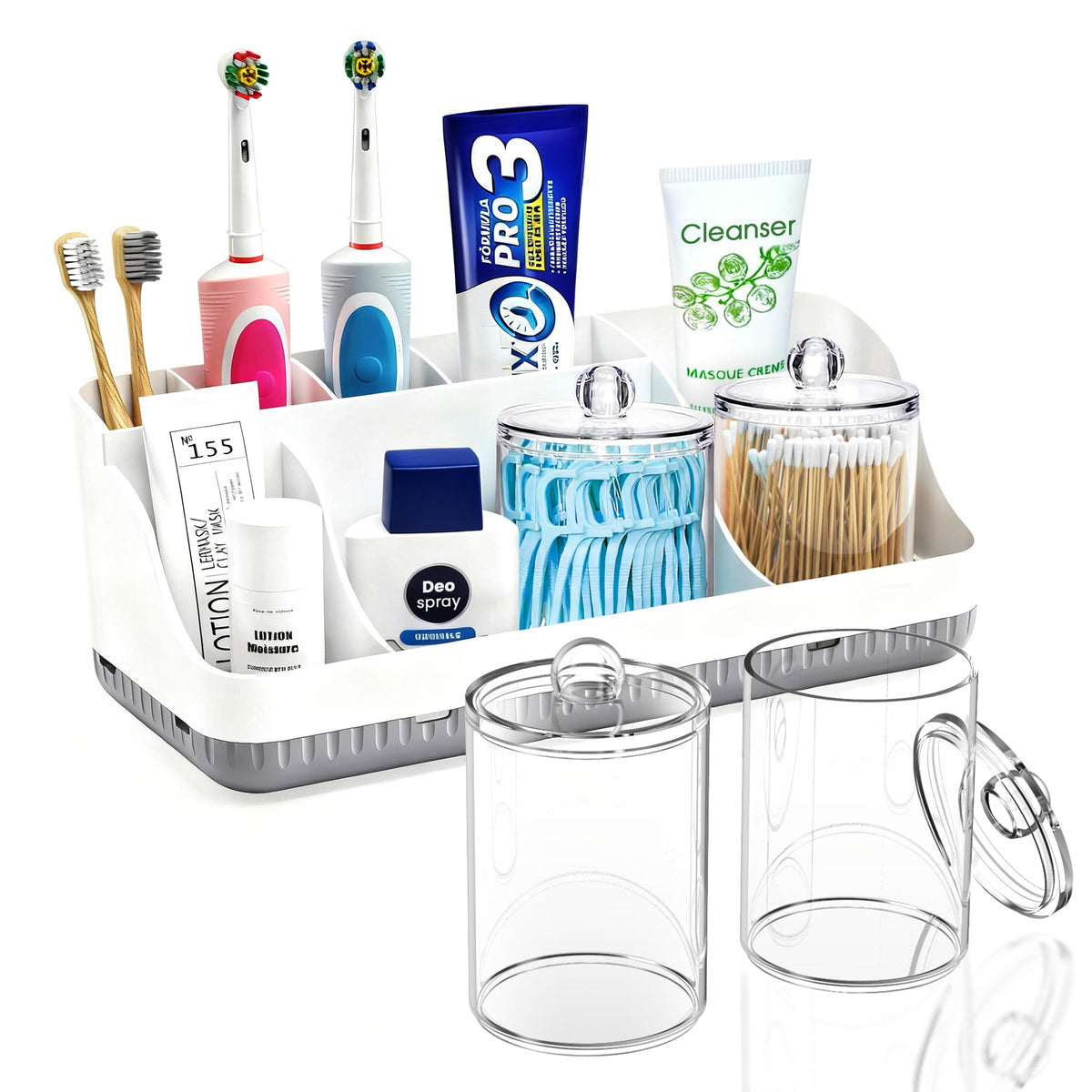 Bathroom Counter Organizer and Storage with 2 Pack Qtip Holder Dispenser, 7 Slots Detachable Toothbrush Holders for Bathrooms, Anti-Slip Electric Toothbrush and Toothpaste Holder Countertop