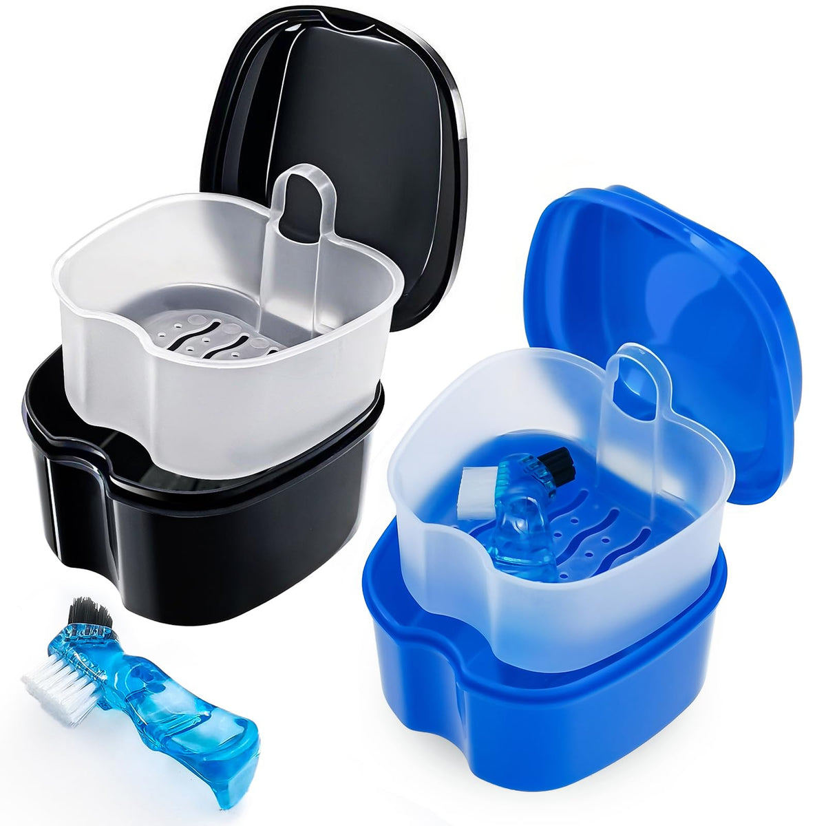 2 Pack Denture Case Dental Mouthguard Case, Denture Bath Box Cleaning with Brush, Strainer Basket and Lid Waterproof - Purple and Blue