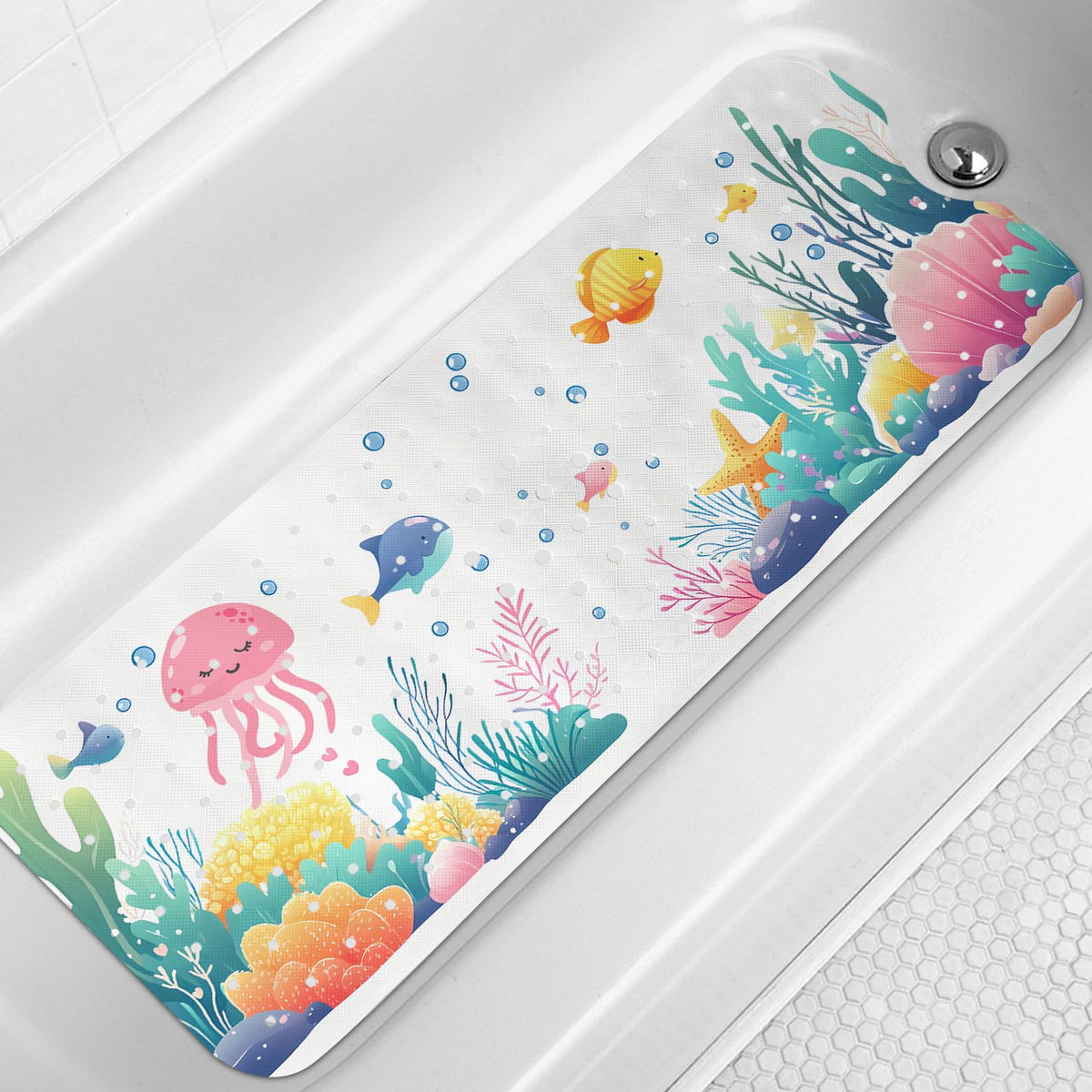 LNOND Bath Mat for Tub for Kids, Toddler Bathtub mat Non Slip, Whales and Coral Kids Bath Mats for Bathroom Non Slip with Drain Holes and Suction Cups,Machine Washable (40 X 16 Inch)