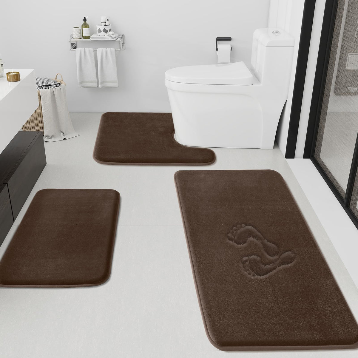 HUXMEYSON Bathroom Rugs Sets 3 Piece, Non-Slip & Quick Dry Bath Mat Set, Ultra Soft Velvet Bath Rugs for Bathroom, Toilet and Shower Floor, Grey