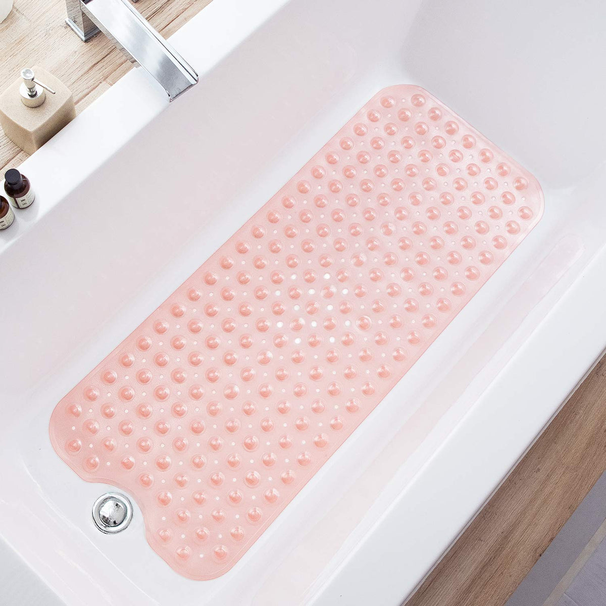 TEESHLY Bathtub Mats for Shower Tub, Extra Long Non-Slip 39 x 16 Inch Bath Mat with Drain Holes and Suction Cups, BathMat for Bathroom with Machine Washable (Clear Grey)