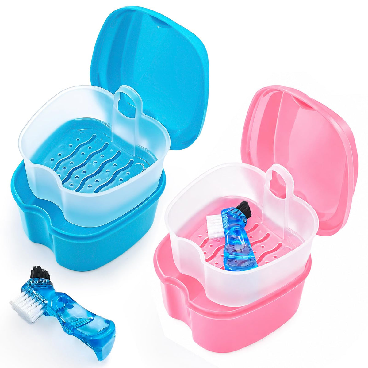 2 Pack Denture Case Dental Mouthguard Case, Denture Bath Box Cleaning with Brush, Strainer Basket and Lid Waterproof - Purple and Blue