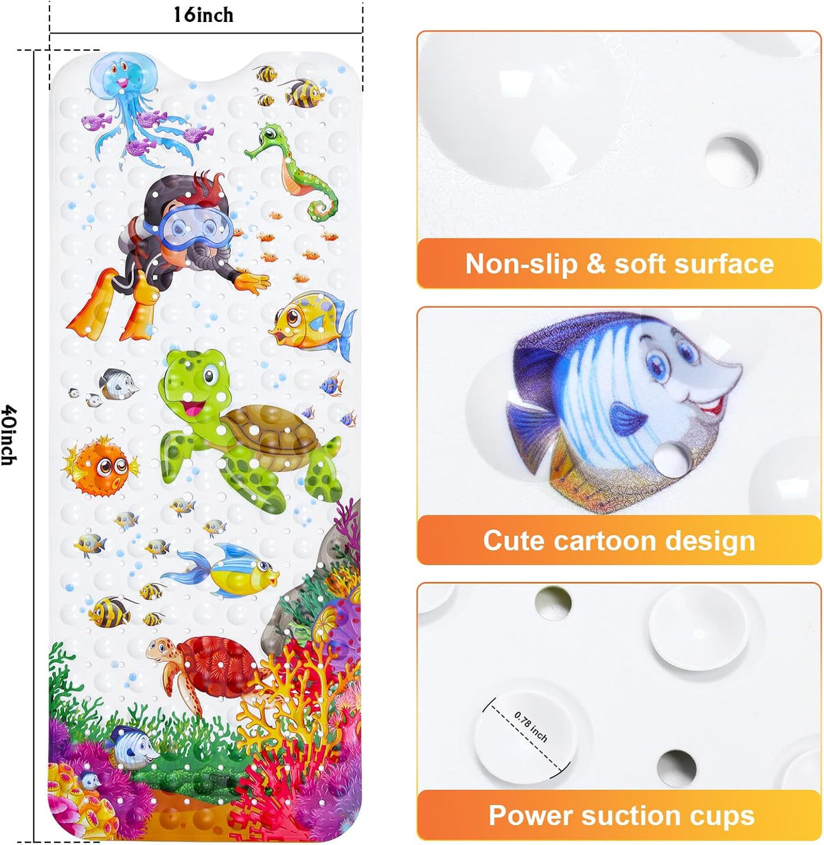 Secopad Bathtub Mat Non Slip, Cartoon Bath Tub Mat, 40" x 16", Turtle | Rectangular, Anti-Slip, Machine Washable, with Drain Holes and Suction Cups,For Bathtub and Shower Floor, for Toddler & Kids
