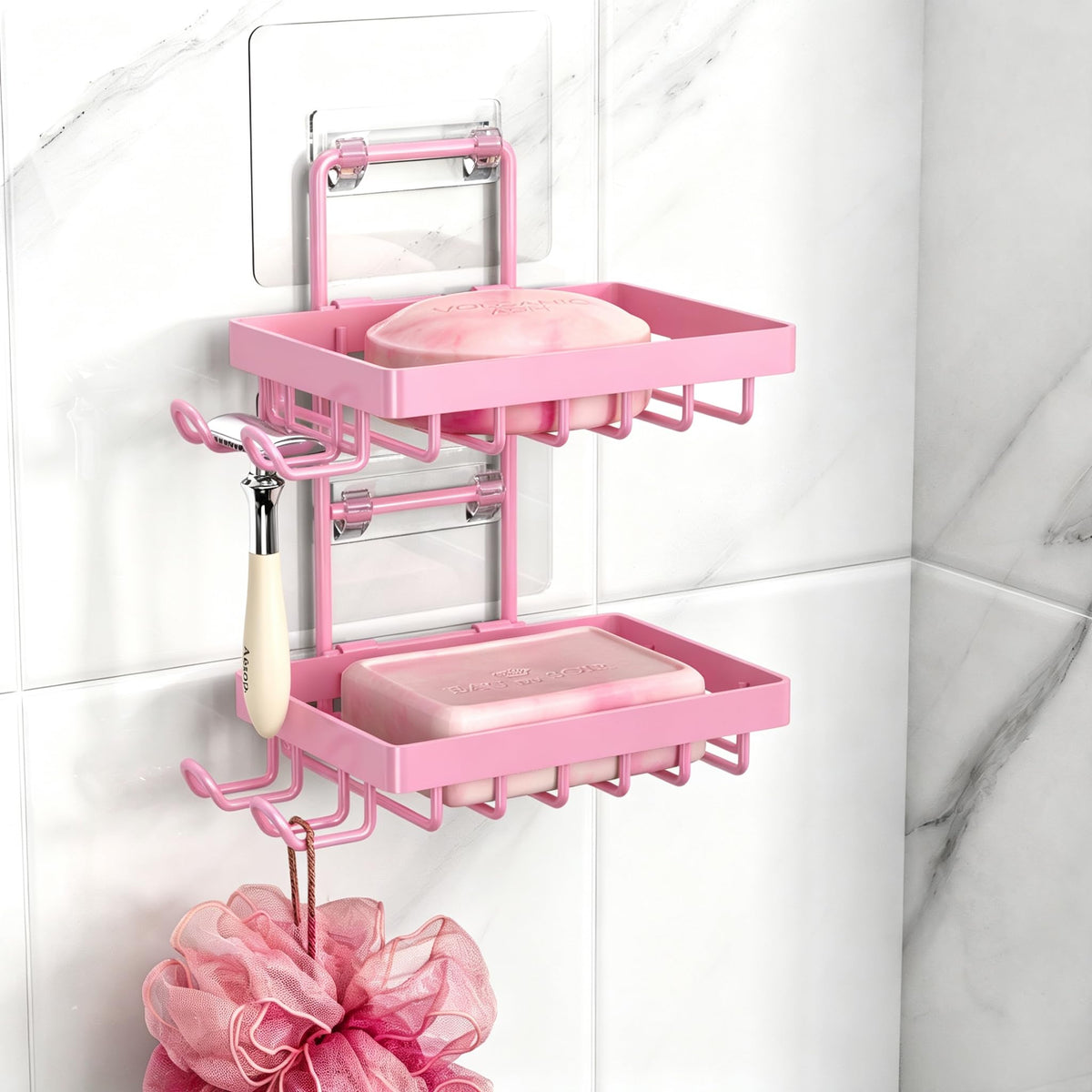 Moforoco Double Soap Bar Holder for Shower, No Drilling, 304 Stainless Steel, Wall Mounted Soap Holder with 4 Hooks and Razor Holder, Shower Rack Soap Tray Bar Soap for Bathroom Accessories Organizer