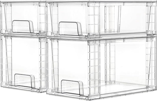 Vtopmart Clear Stackable Storage Drawers, 4 Pack Kitchen Cabinet Set | Medium and Small Pull-Out PET Drawers with Stackable Design for Kitchen Cabinets, Pantry, Under Sink, Medicine