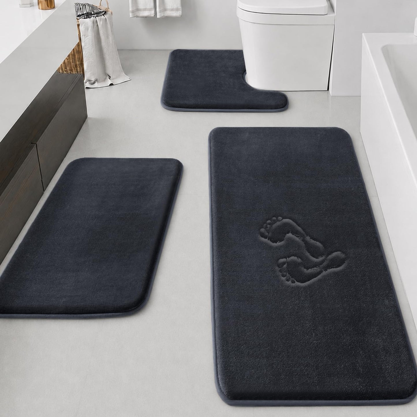 HUXMEYSON Bathroom Rugs Sets 3 Piece, Non-Slip & Quick Dry Bath Mat Set, Ultra Soft Velvet Bath Rugs for Bathroom, Toilet and Shower Floor, Grey