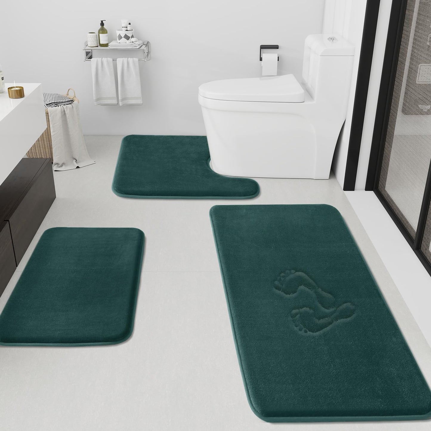 HUXMEYSON Bathroom Rugs Sets 3 Piece, Non-Slip & Quick Dry Bath Mat Set, Ultra Soft Velvet Bath Rugs for Bathroom, Toilet and Shower Floor, Grey
