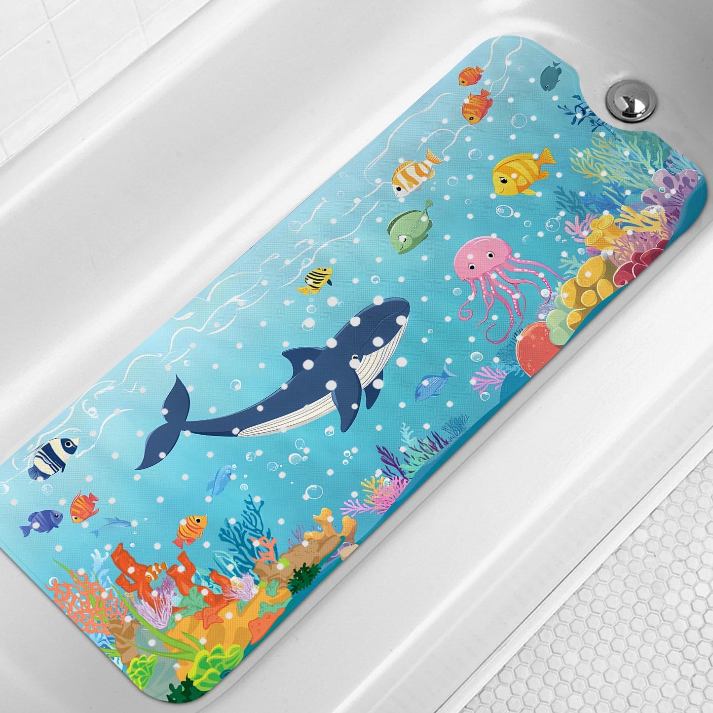 LNOND Bath Mat for Tub for Kids, Toddler Bathtub mat Non Slip, Whales and Coral Kids Bath Mats for Bathroom Non Slip with Drain Holes and Suction Cups,Machine Washable (40 X 16 Inch)