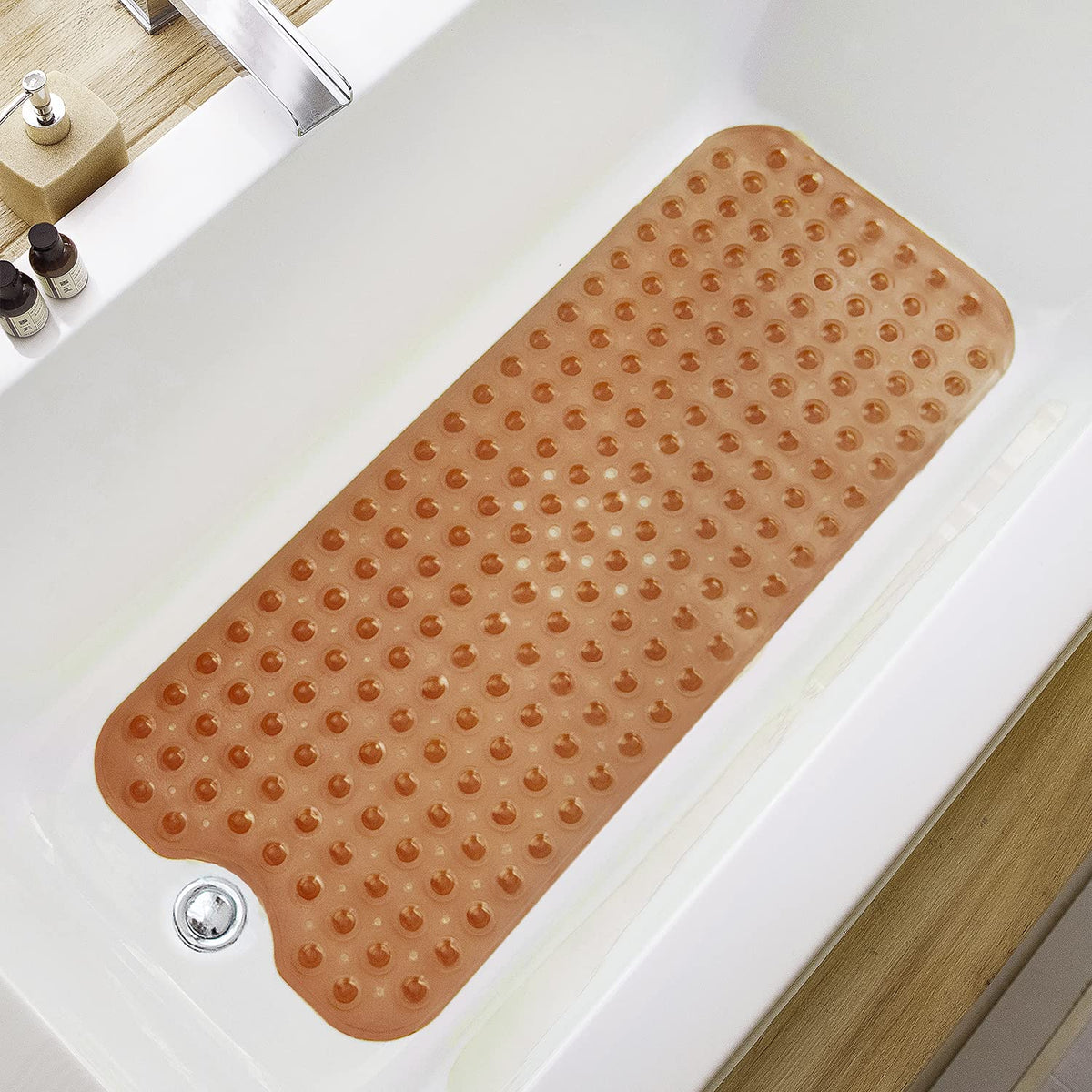 TEESHLY Bathtub Mats for Shower Tub, Extra Long Non-Slip 39 x 16 Inch Bath Mat with Drain Holes and Suction Cups, BathMat for Bathroom with Machine Washable (Clear Grey)