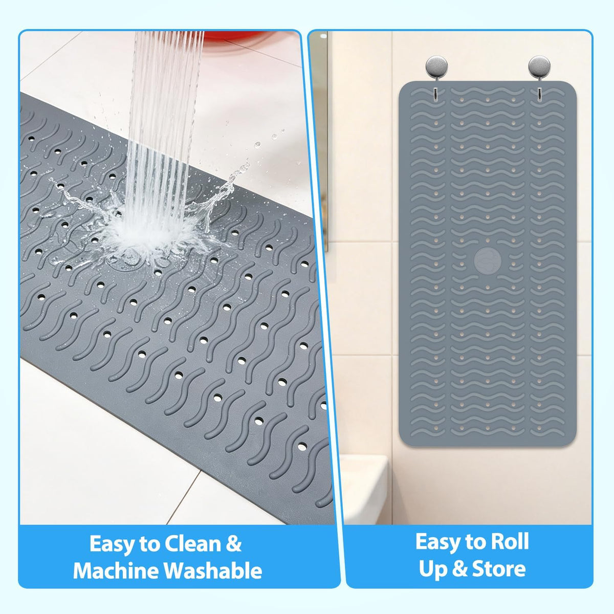 Non Slip Bathtub Mat & Shower Mat, 31x15'' Anti Slip Bath Mat for Tub, Soft TPE Anti-Skid Bathroom Mat with 194 Suction Cups & Drain Holes, Wave-Textured Grip, Machine Washable, Grey