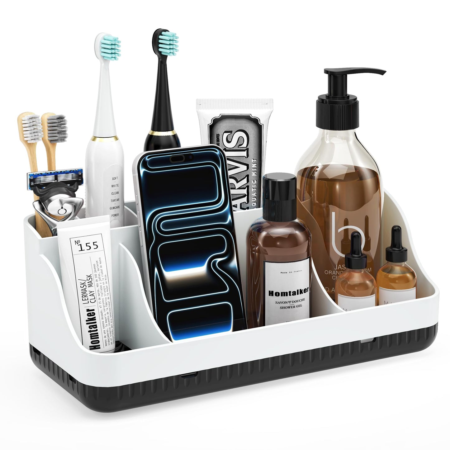 Bathroom Counter Organizer and Storage with 2 Pack Qtip Holder Dispenser, 7 Slots Detachable Toothbrush Holders for Bathrooms, Anti-Slip Electric Toothbrush and Toothpaste Holder Countertop