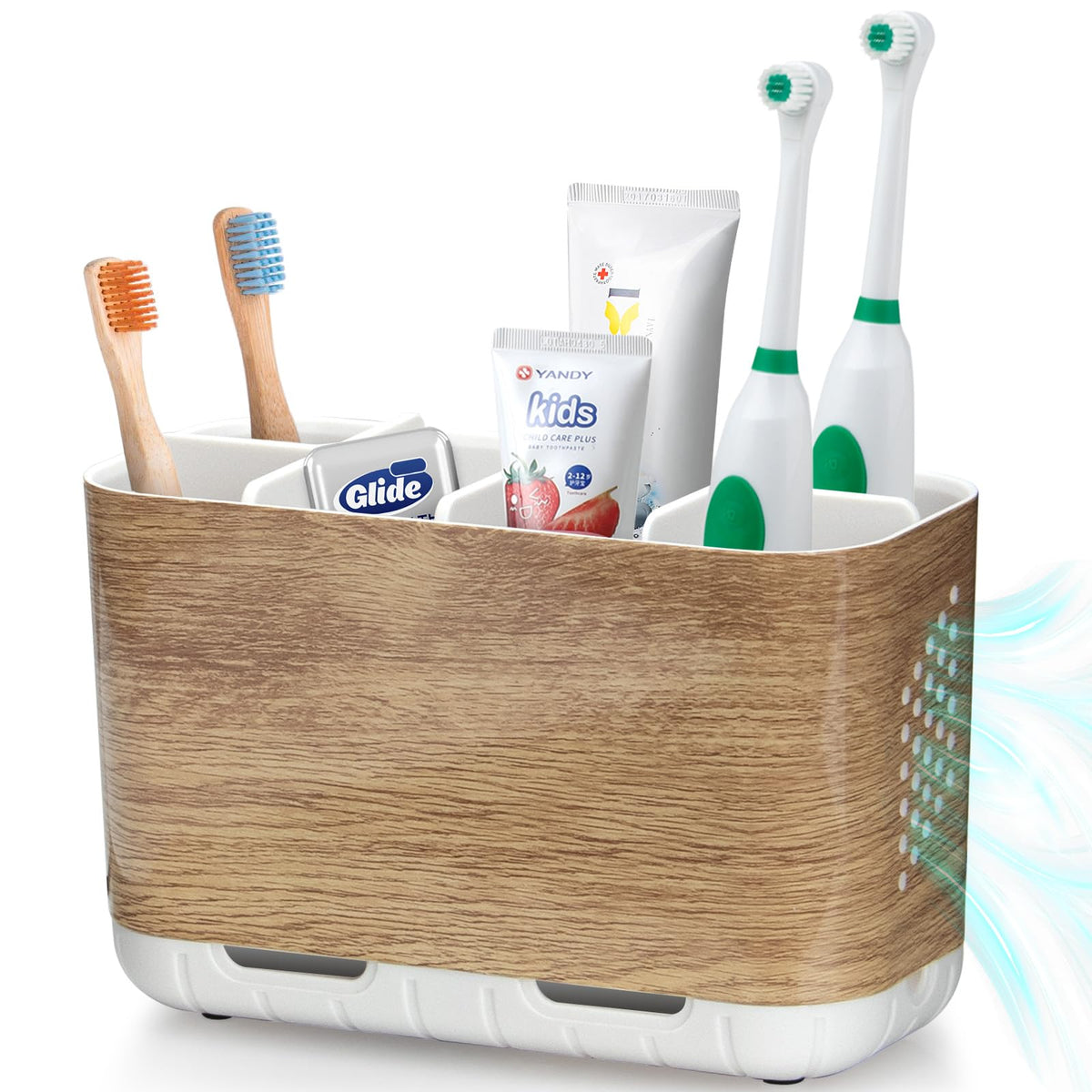 Boperzi Electric Toothbrush Holder for Bathroom Organizer Countertop, Detachable Anti-Slip Blue Toothpaste Storage Caddy 6 Slots White with Drainage Holes for Makeup Brush Razor Stand