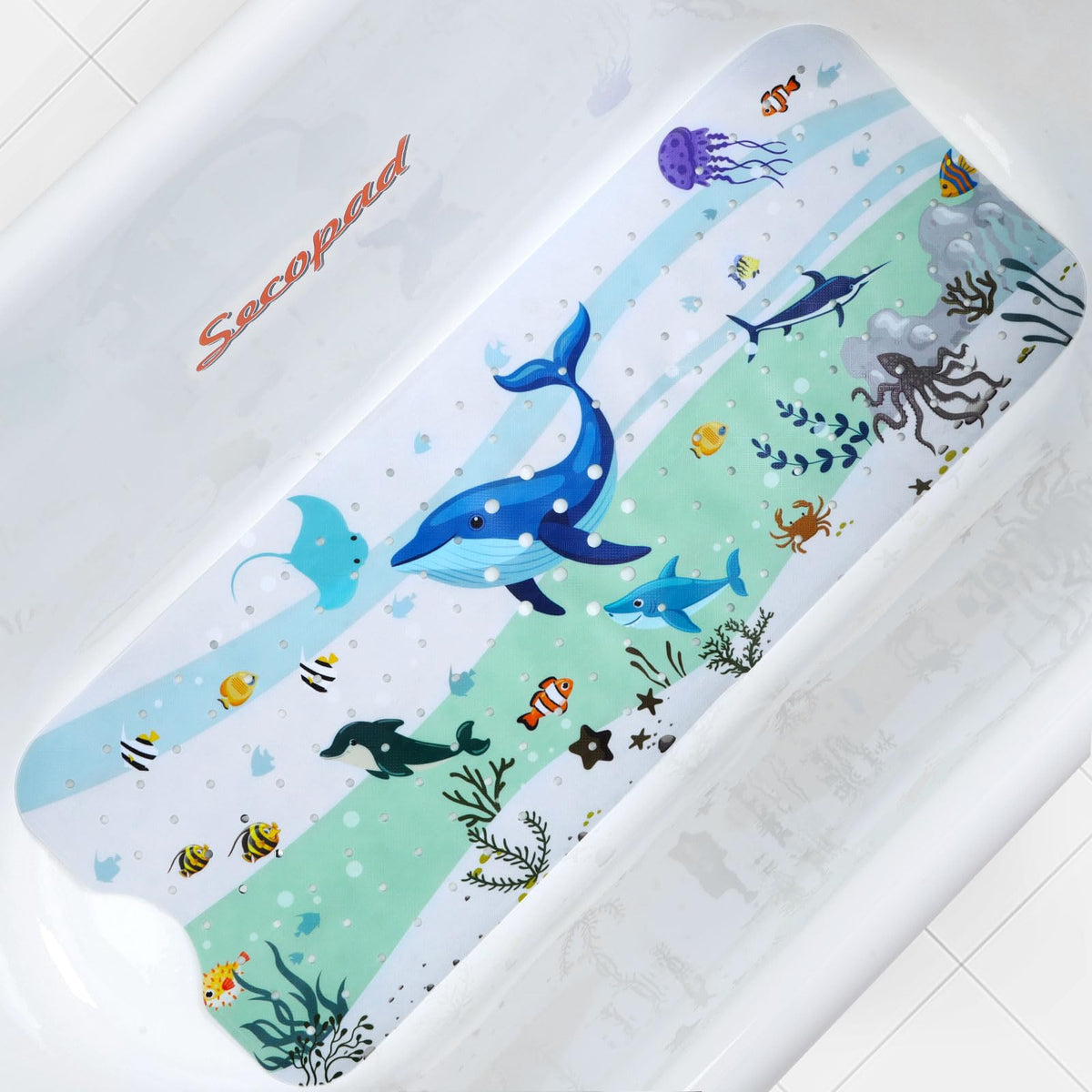Secopad Bathtub Mat Non Slip, Cute Tub Mat, 40" x 16", Turtles | Rectangular, Anti-Slip, Machine Washable, with Drain Holes and Suction Cups,For Bathtub and Shower Floor, for Toddler & Kids