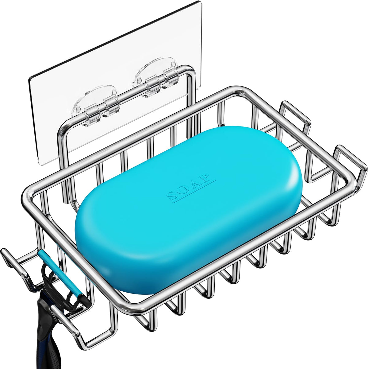 Nieifi Bar Soap Holder for Shower Wall, Adhesive Soap Dish for Bathroom | Stainless steel, razor holder, 4 hooks, soap dish for shower, wall mounted, soap caddy, sponge holder, rustproof, silver
