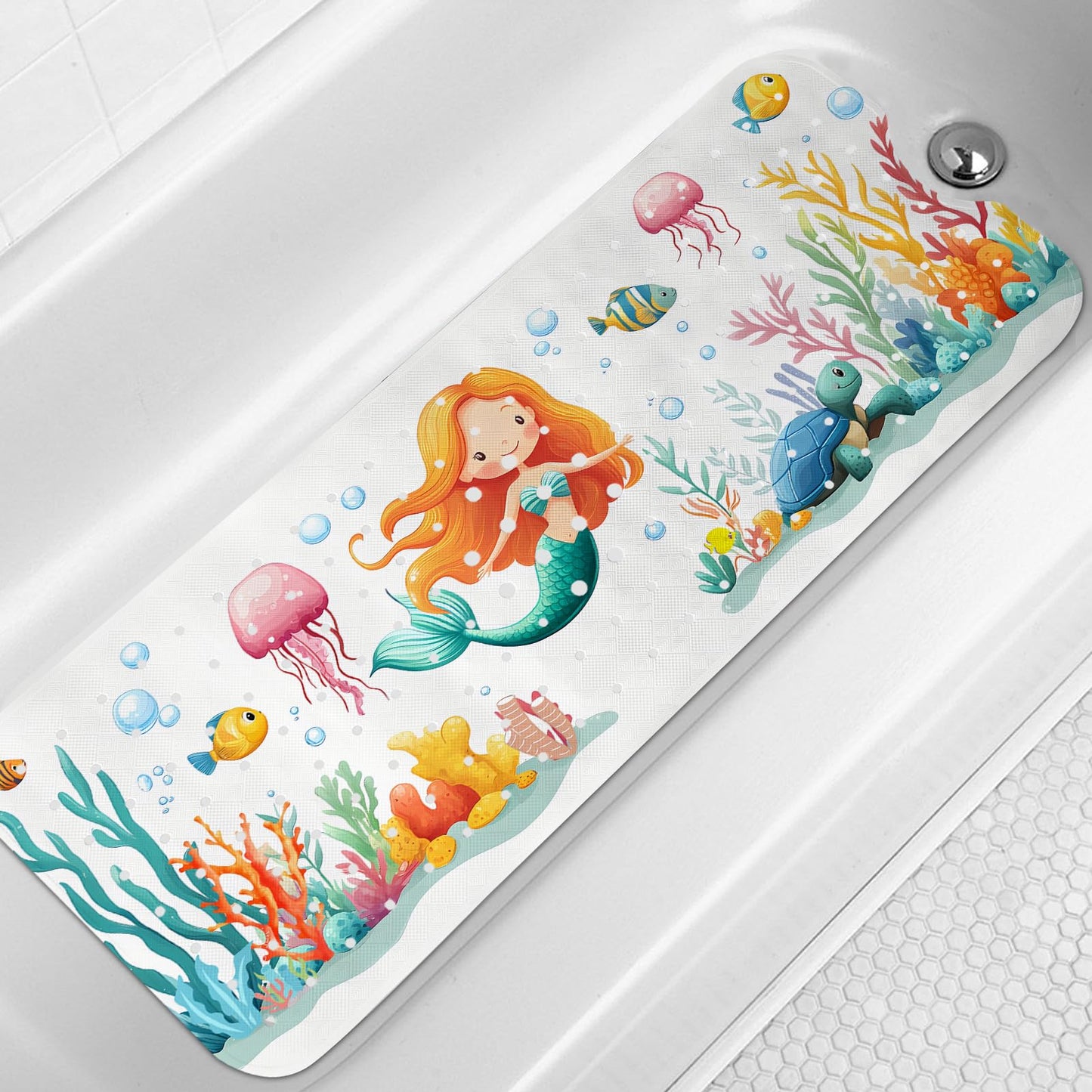 LNOND Bath Mat for Tub for Kids, Toddler Bathtub mat Non Slip, Whales and Coral Kids Bath Mats for Bathroom Non Slip with Drain Holes and Suction Cups,Machine Washable (40 X 16 Inch)