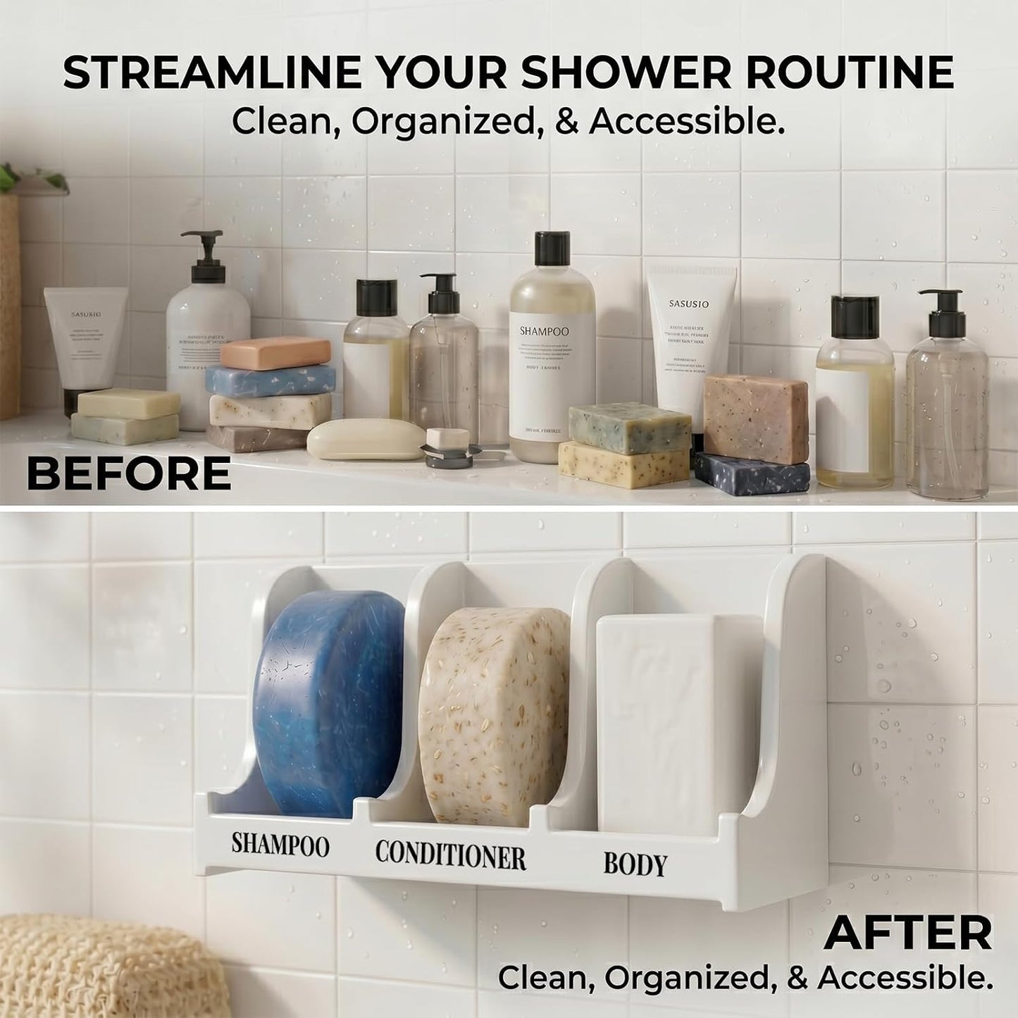 Soap Holder for Shower Wall, 3-Compartment Soap Dish [Patent Pending] | For Shampoo, Conditioner and Body Soap, Fast Draining & Rust-Proof, Strong Adhesive for Long-Term Bathroom Use & Freestanding