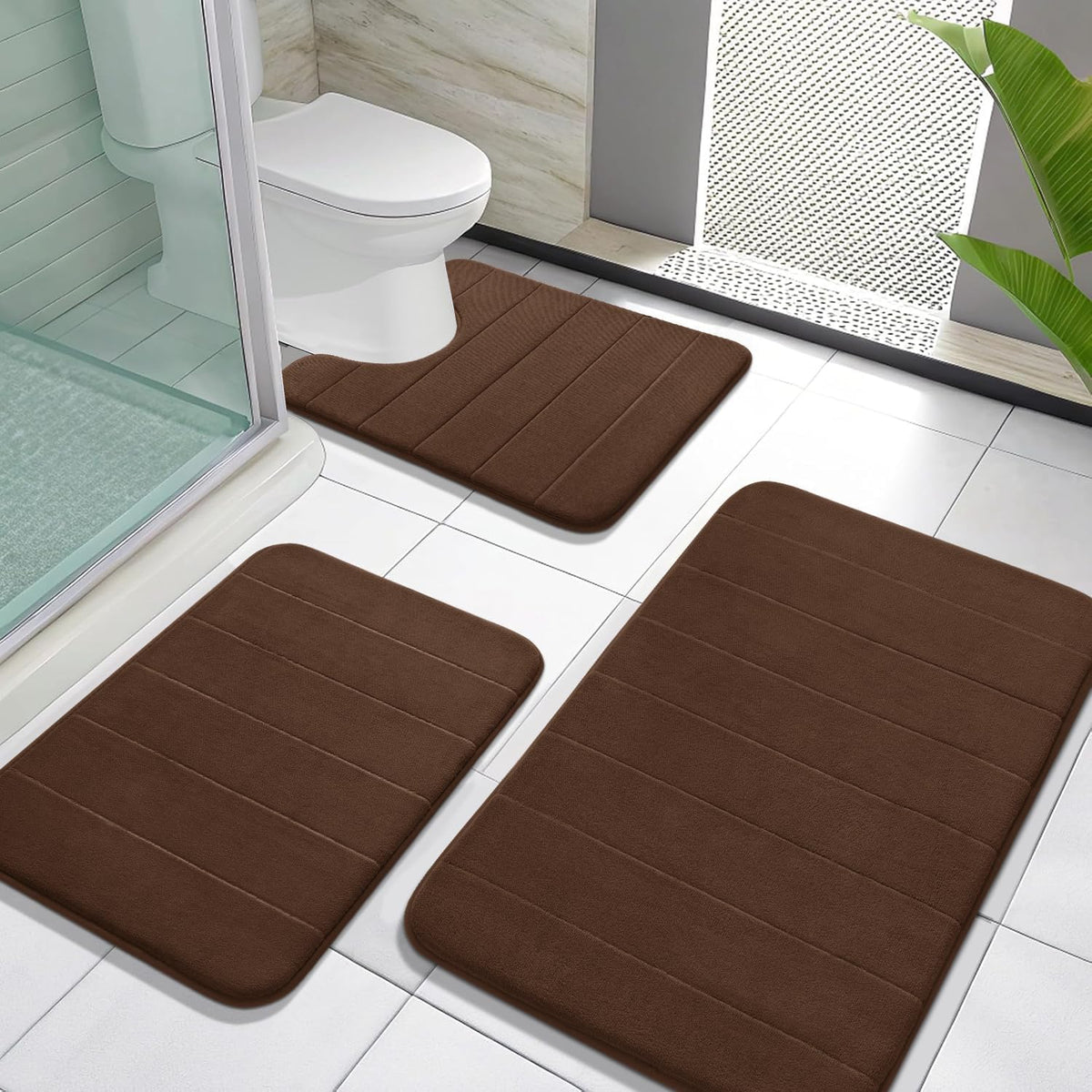 Yimobra Memory Foam Bath Mat Set 3 Pieces- Super Soft Absorbent Quick Dry Bathroom Rug Sets, Machine Washable Non Slip Floor Carpet for Tub Shower, Vanity & Toilet Base, Gray