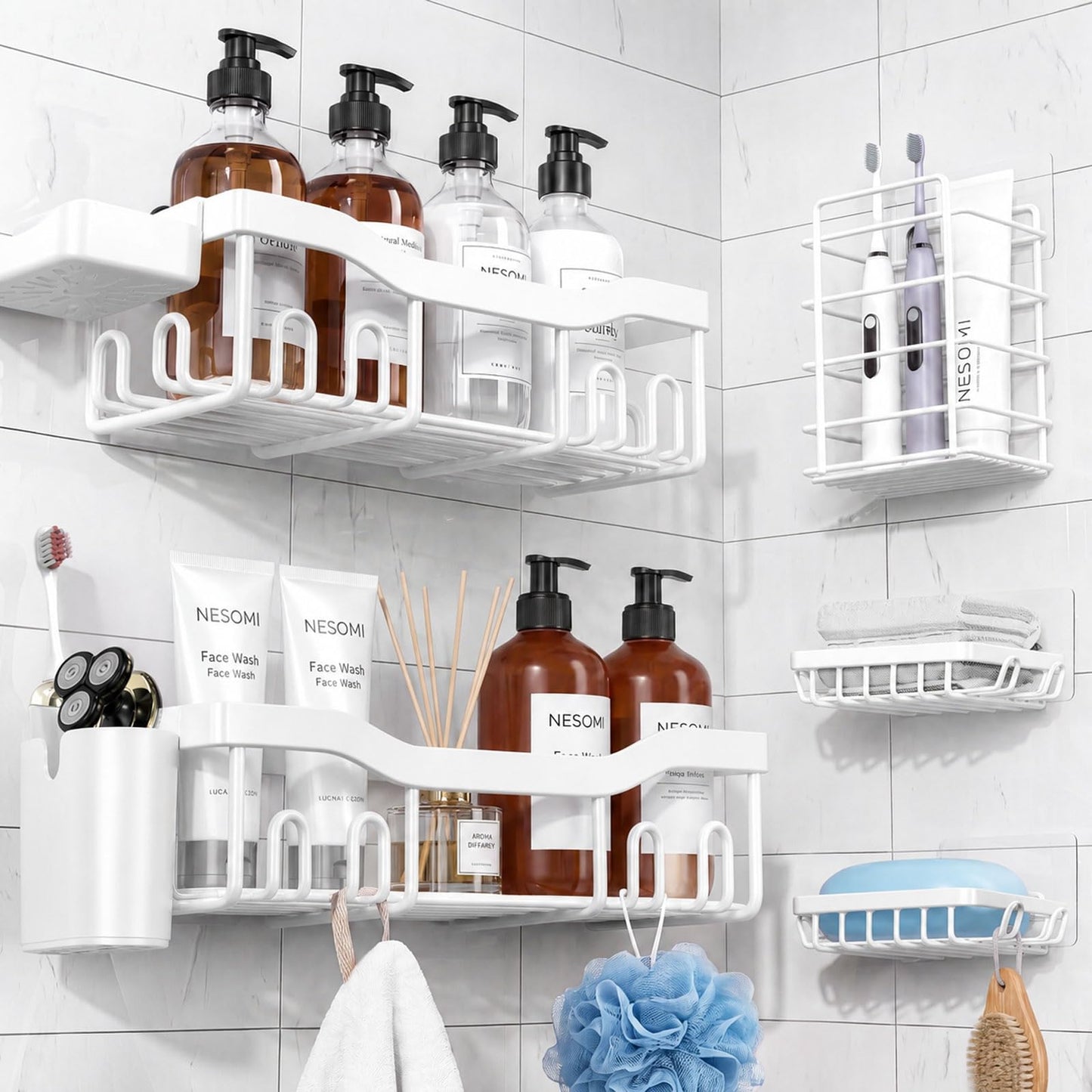 NESOMI 7-Pack Shower Caddy Adhesive,Stainless Steel Shower Organizer Shelf | Rustproof, with Soap Dish Toothbrush Holder, Large Capacity, No-Drill Rack Bathroom Storage Accessories, 24 Hooks, Home Decor