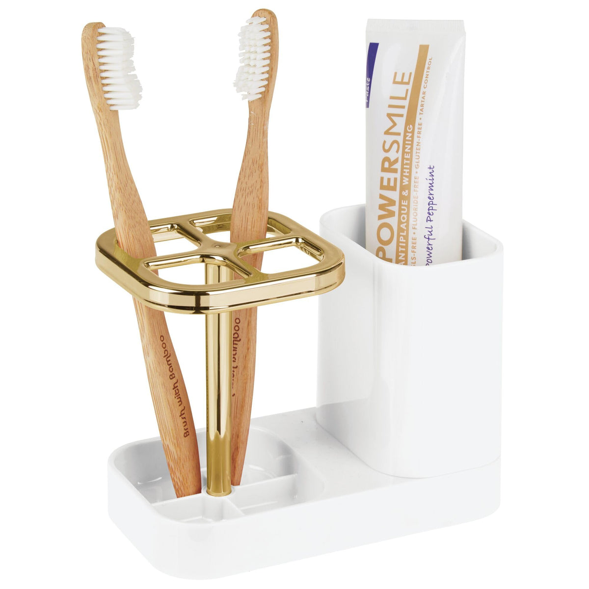 iDesign Toothbrush Holder with Storage Cup, Bathroom Sink Organizer for Toothpaste and Electric Toothbrushes, Blue