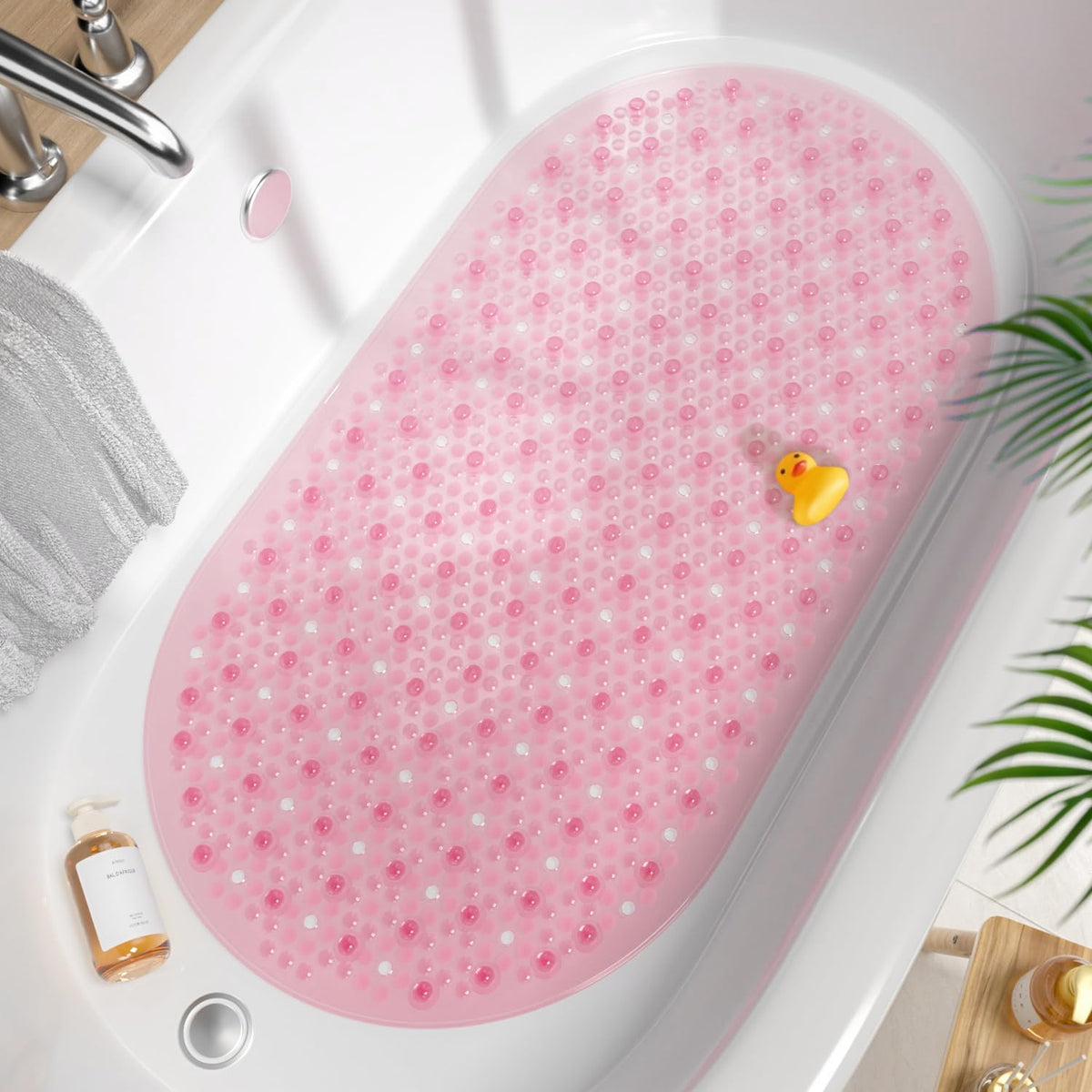 HITSLAM Bathtub Mat Non Slip, 27x15 Inch Bubble Oval Bath Tub Mat for Bathroom, Machine Washable Shower Mat with Suction Cups and Drain Holes, Clear