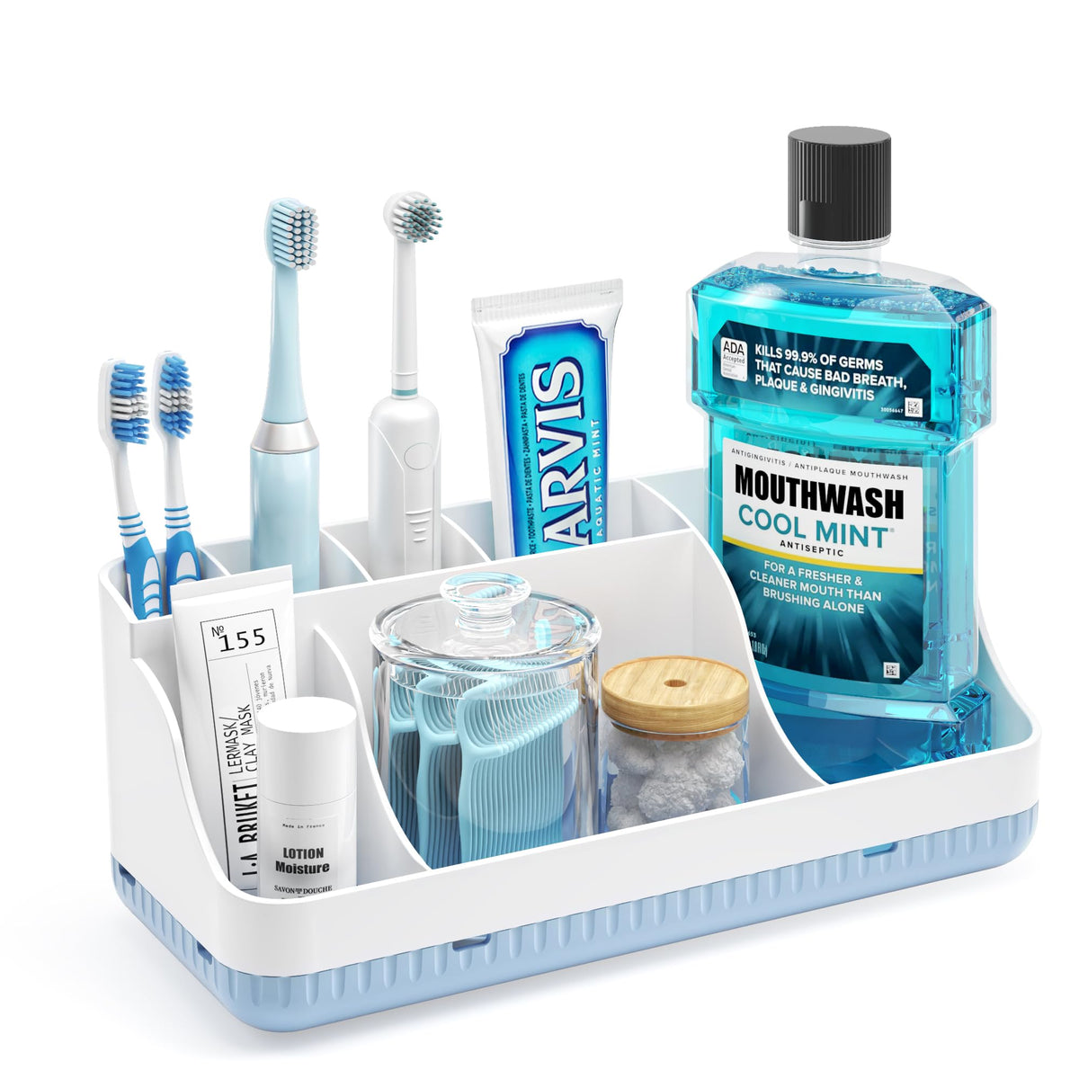 Bathroom Counter Organizer and Storage with 2 Pack Qtip Holder Dispenser, 7 Slots Detachable Toothbrush Holders for Bathrooms, Anti-Slip Electric Toothbrush and Toothpaste Holder Countertop