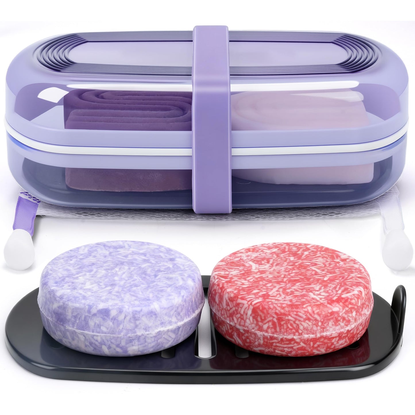 Shampoo Bar Holder and Soap Case | Leakproof Travel Container with Lid & Drain Tray | Includes Silicone Strap and Mesh Soap Bag | for Bathroom, Shower, Camping, Gym Travel (Red, Large)