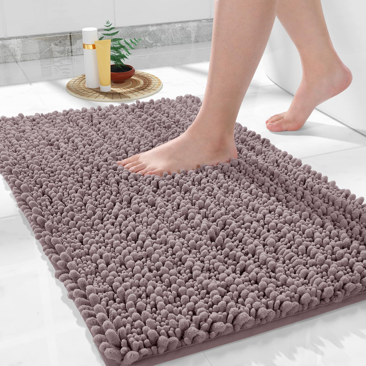 Yimobra Bathroom Rugs Non-Slip Washable – Extra Soft & Absorbent Chenille Bath Mat, Quick-Dry Plush Shaggy Floor & Vanity Bath Rugs for Tub & Shower, Modern Home Decor Accessories, 24 x 17, Grey