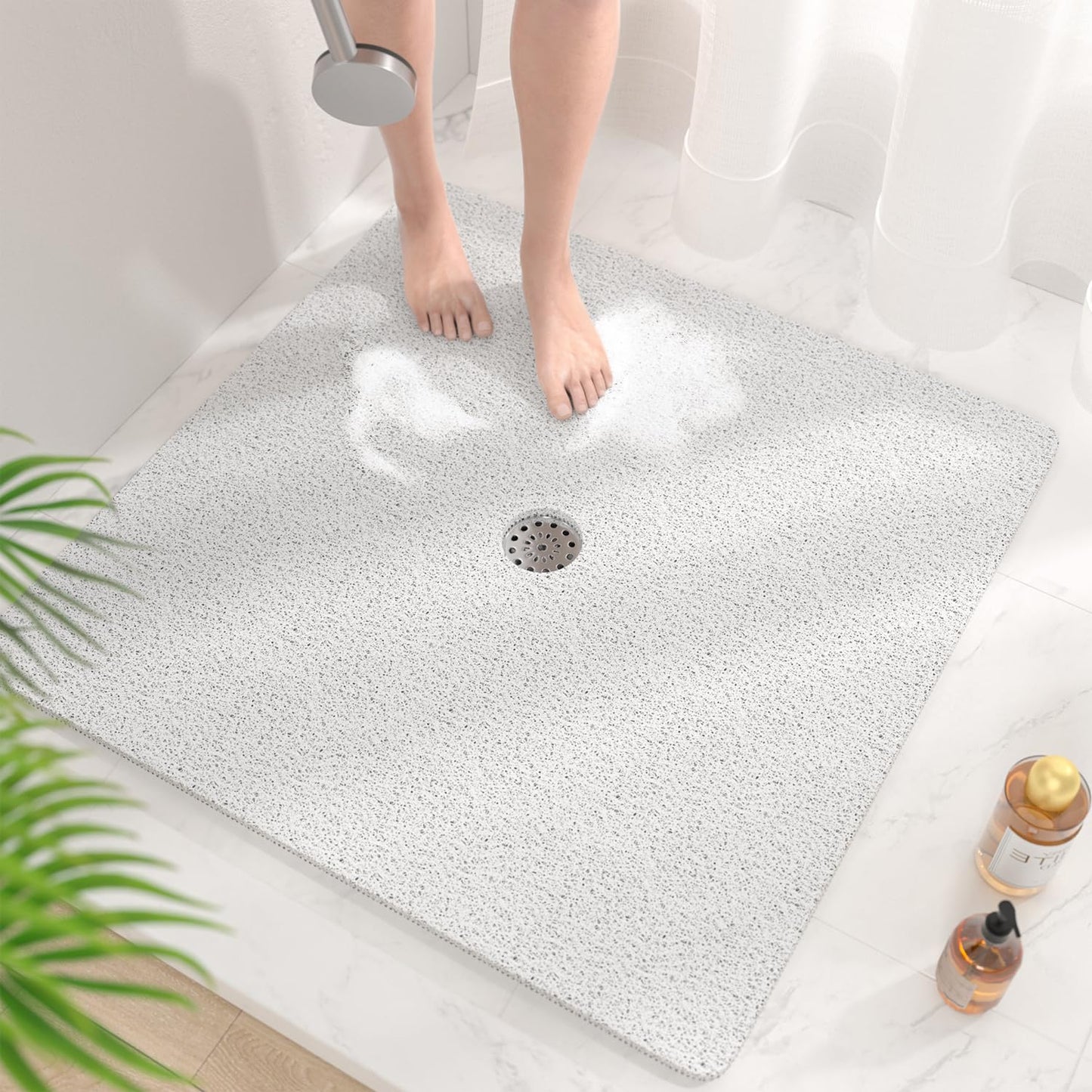 HITSLAM Square Shower Mat, 24 x 24 Inch Non Slip Bath Mat for Tub, Soft PVC Loofah Bathtub Mats with Drain Holes, Quick Drying Bathroom Stall Floor Mat, Bathroom Accessories Without Suction Cup, Grey