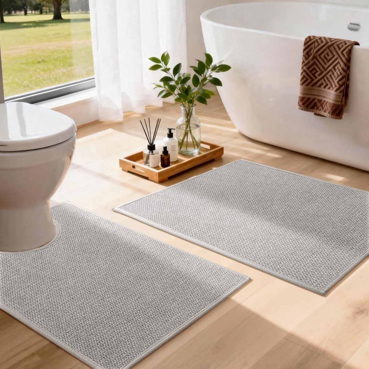 YIHOUSE Gray Bathroom Rugs Sets 3 Piece, Quick Dry Thin Bath Mat with Toilet Rug, Non Slip Absorbent Machine Washable, Bath Runner Rugs for Bathtub Sink Home Decor