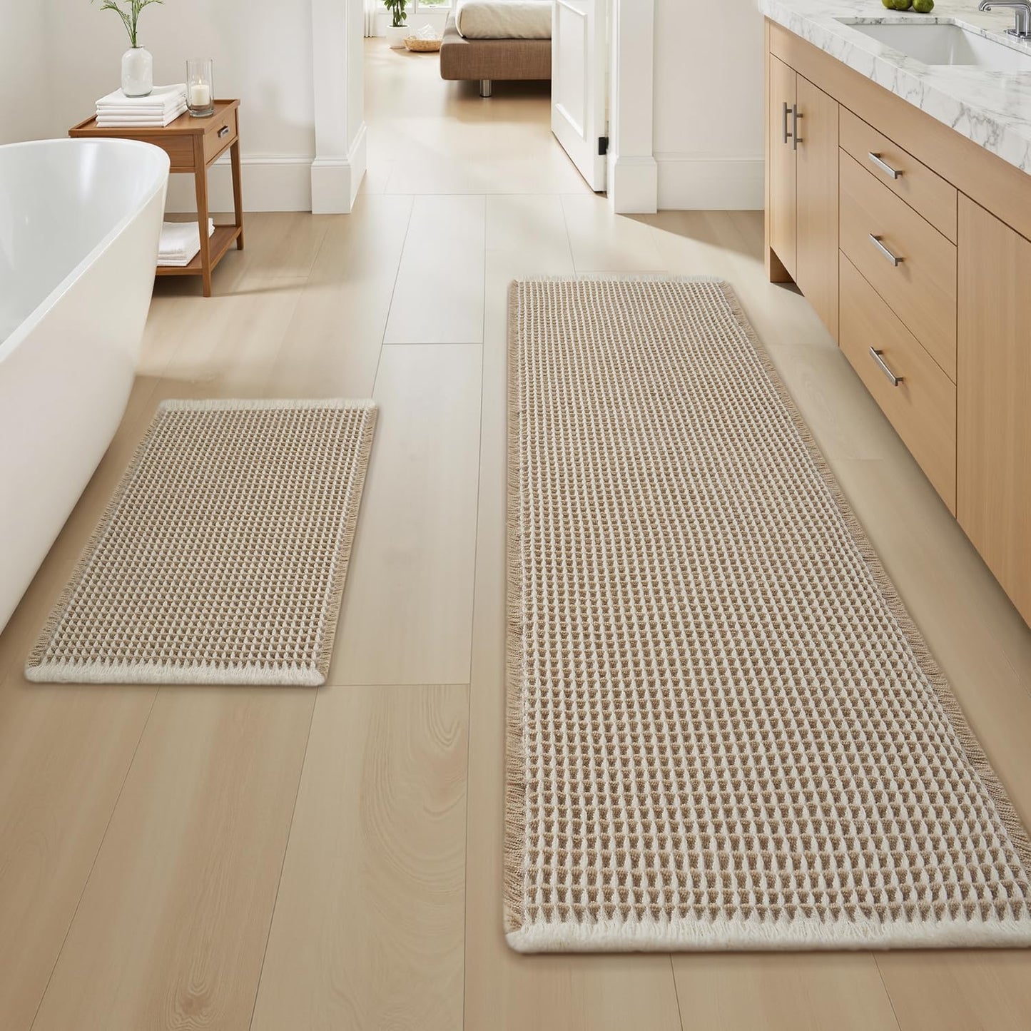 Upgraded Waffle Bath Mat Ultra Absorbent Non Slip Bathroom Mat, 17" x 24" | Brown, Quick Dry Washable Bathroom Rugs, Extra Soft Decorative Bath Rugs for Bathroom Floor, Beside Tub and Shower