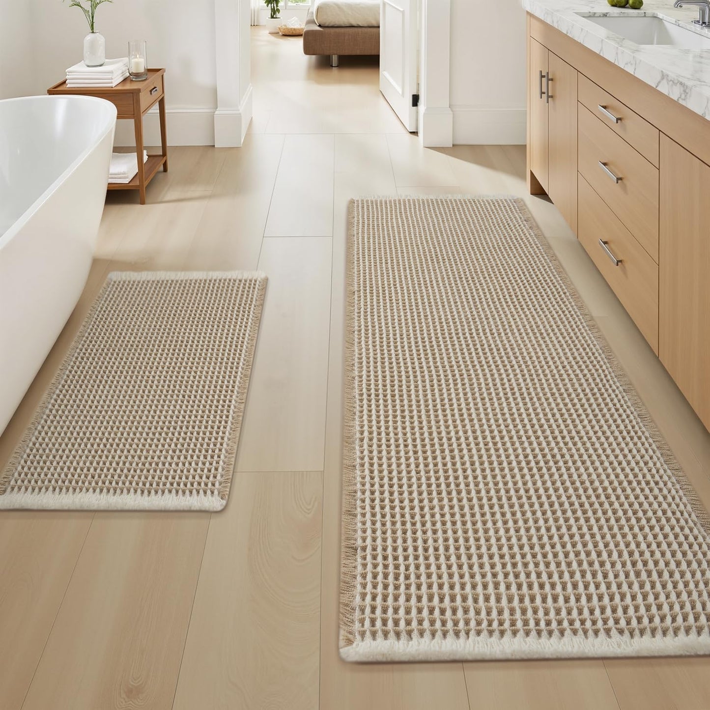 Upgraded Waffle Bath Mat Ultra Absorbent Non Slip Bathroom Mat, 17" x 24" | Brown, Quick Dry Washable Bathroom Rugs, Extra Soft Decorative Bath Rugs for Bathroom Floor, Beside Tub and Shower