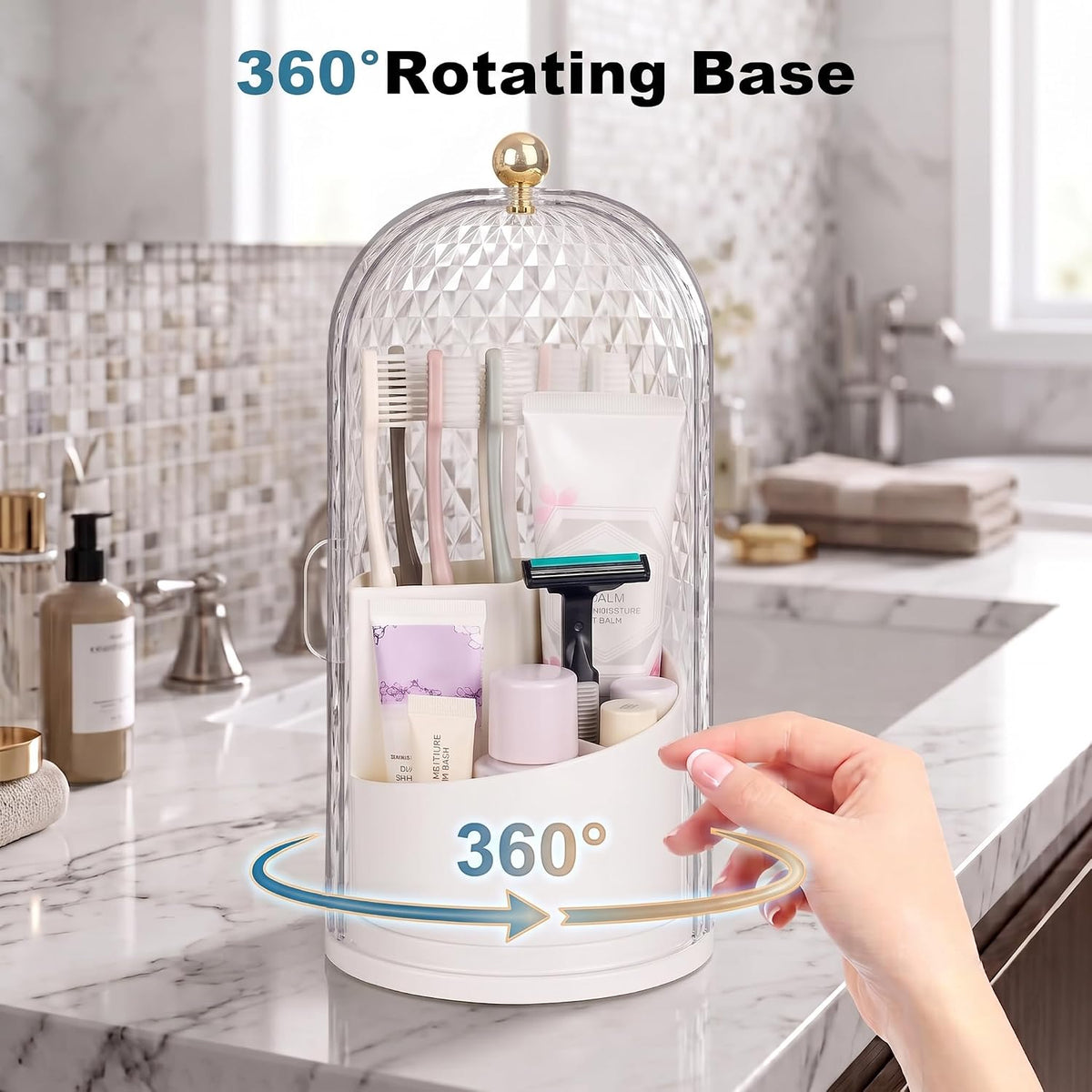 QIYVLOS Toothbrush Holders with Sliding Lid, Rotating 3 Slots Bathroom Organizer Countertop, Tooth Brush Toothpaste Holder Bathroom Counter Stand Caddy for Vanity Makeup Brushes Holder (White)