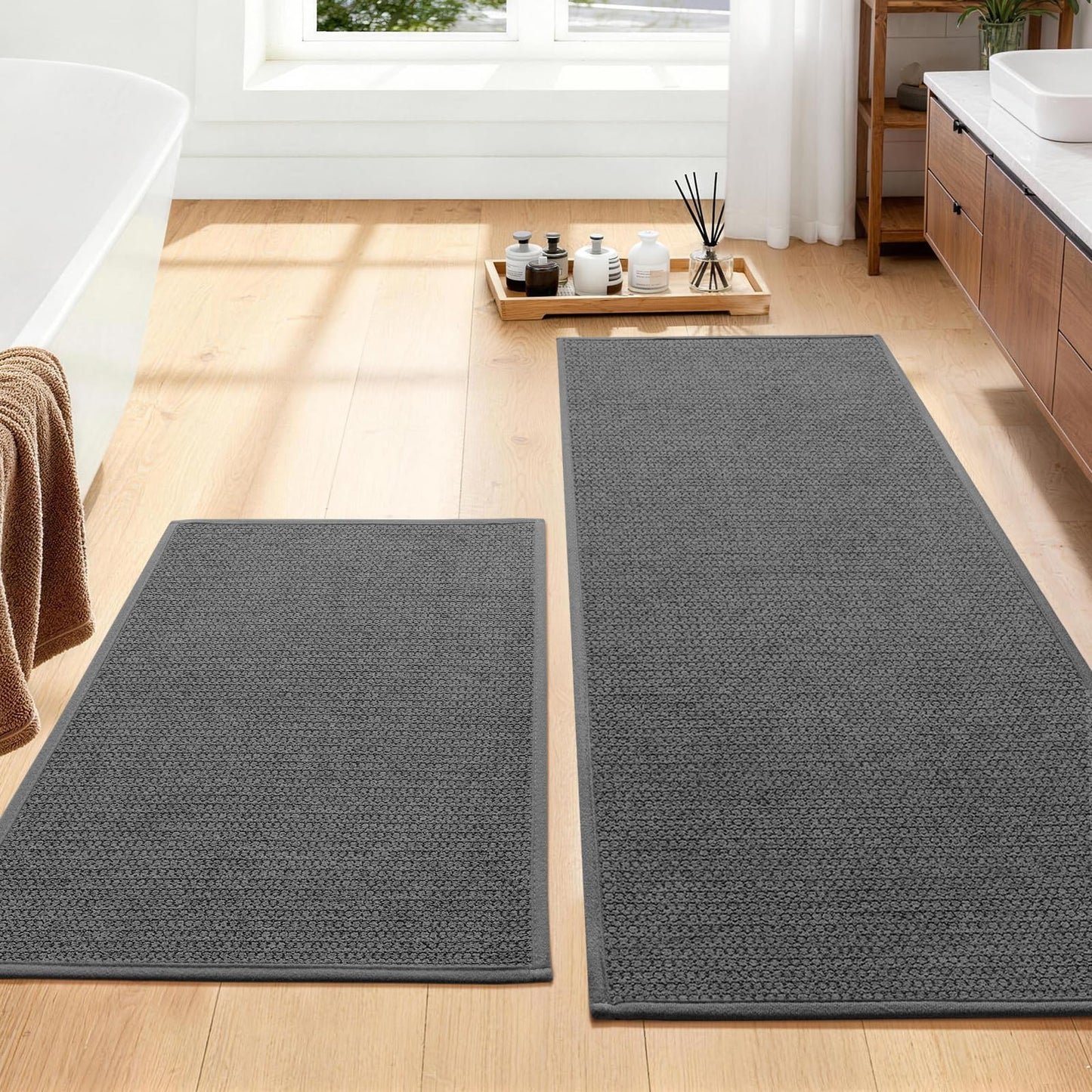 YIHOUSE Gray Bathroom Rugs Sets 3 Piece, Quick Dry Thin Bath Mat with Toilet Rug, Non Slip Absorbent Machine Washable, Bath Runner Rugs for Bathtub Sink Home Decor
