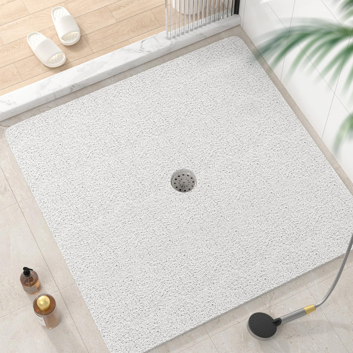 HITSLAM Square Shower Mat, 24 x 24 Inch Non Slip Bath Mat for Tub, Soft PVC Loofah Bathtub Mats with Drain Holes, Quick Drying Bathroom Stall Floor Mat, Bathroom Accessories Without Suction Cup, Grey