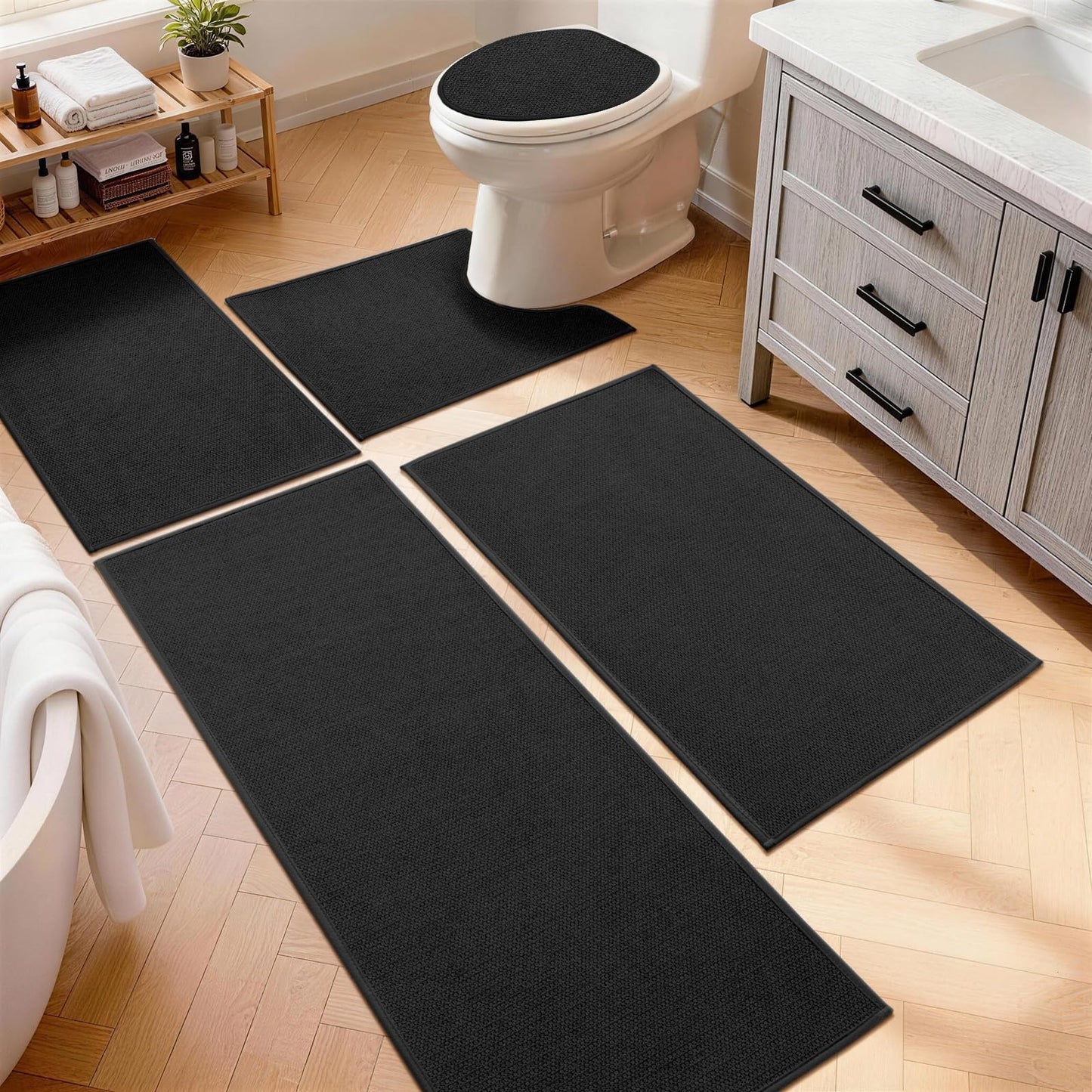 YIHOUSE Gray Bathroom Rugs Sets 3 Piece, Quick Dry Thin Bath Mat with Toilet Rug, Non Slip Absorbent Machine Washable, Bath Runner Rugs for Bathtub Sink Home Decor