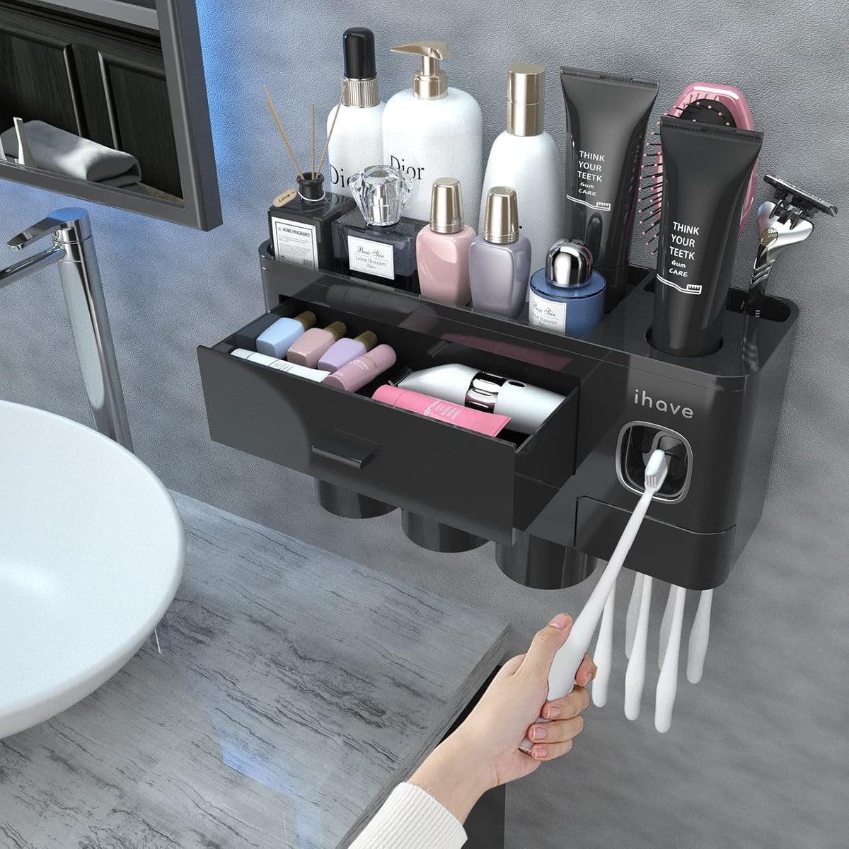 iHave Toothbrush Holders Wall Mounted with Toothpaste Dispenser & 2 Cups | All-in-One Bathroom Organizer: 2 Cups, 6 Slots, Toothpaste Dispenser, Large Tray & Drawer. Wall Mount, No Drilling Required